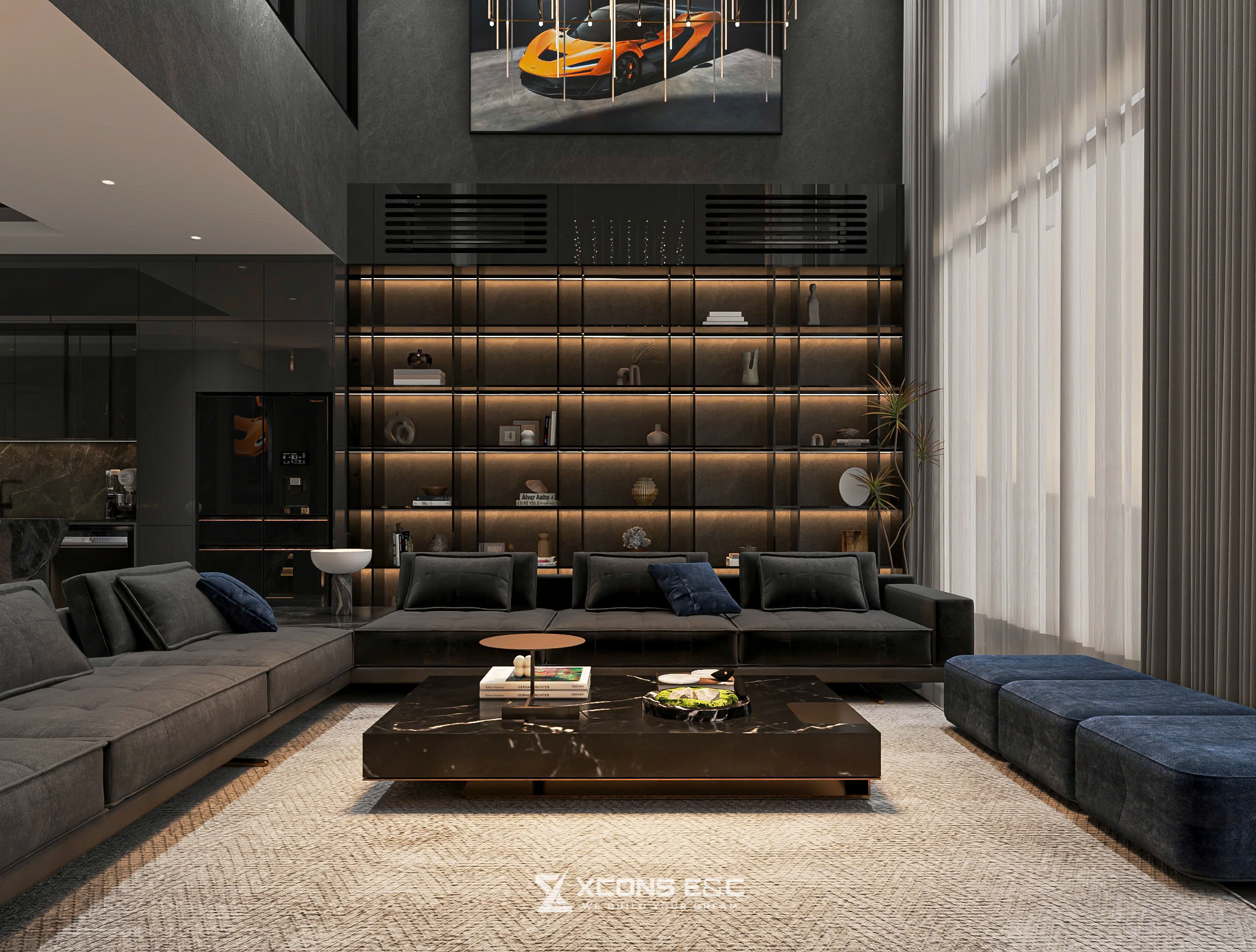 Đại sảnh phòng khách thông tầng phong cách Dark Luxury với hệ kệ sách kịch trần và sofa nhung cao cấp