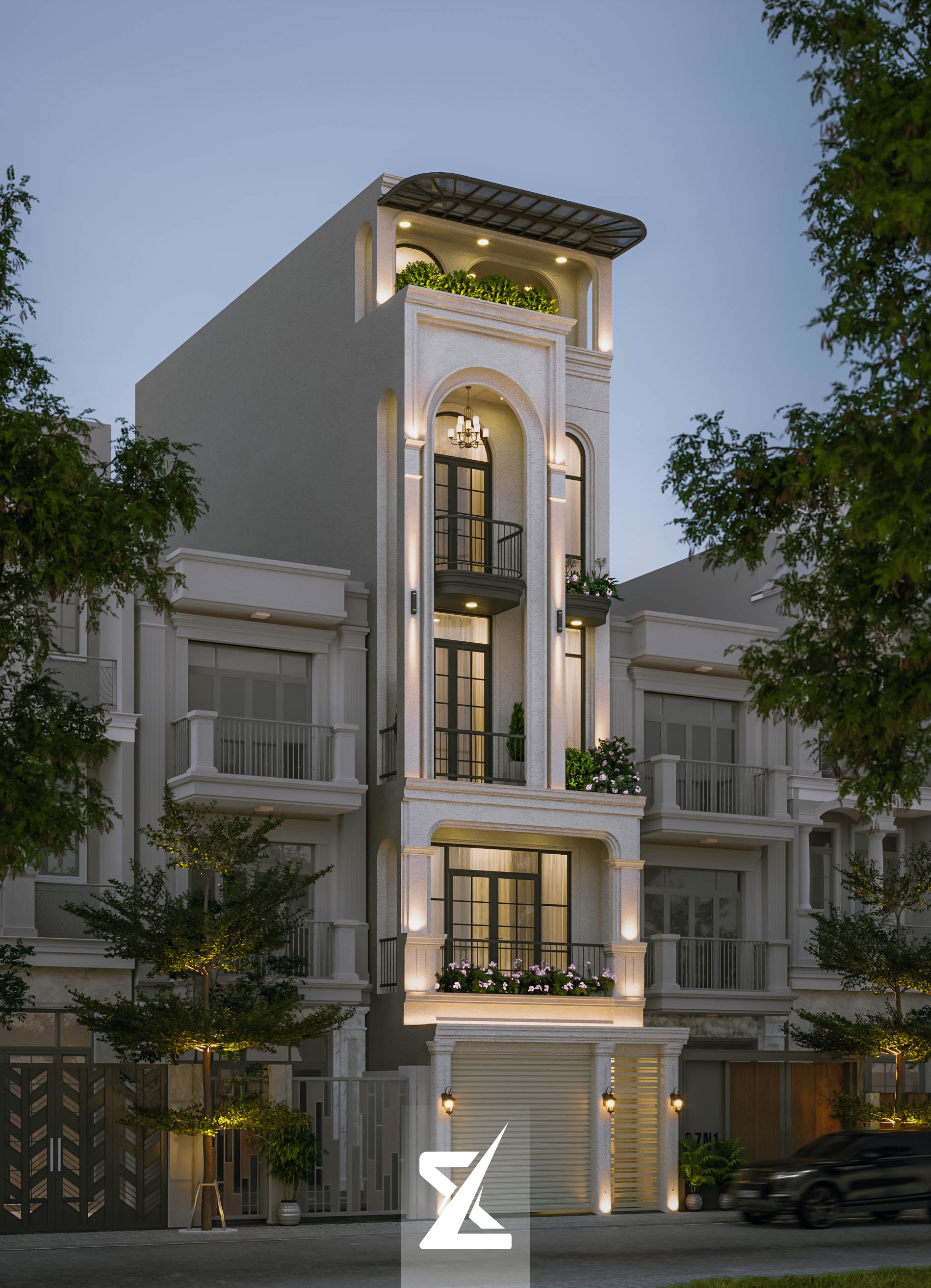 Phối cảnh hoàng hôn lung linh của Elora Villa với hệ đèn rọi cột và đèn hắt vòm sang trọng
