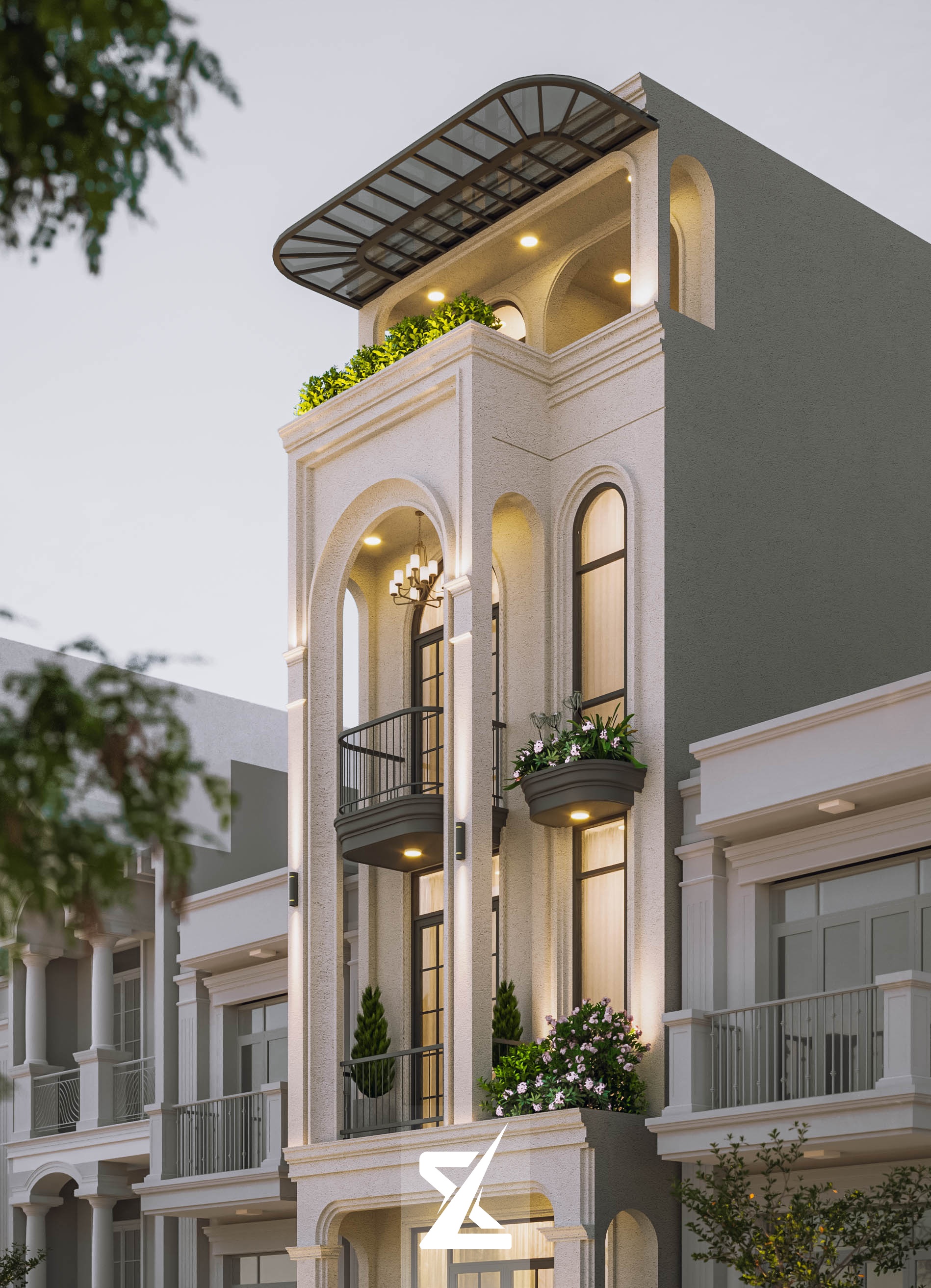 Góc phối cảnh đêm chi tiết của Elora Villa làm nổi bật vẻ đẹp lãng mạn và quý phái