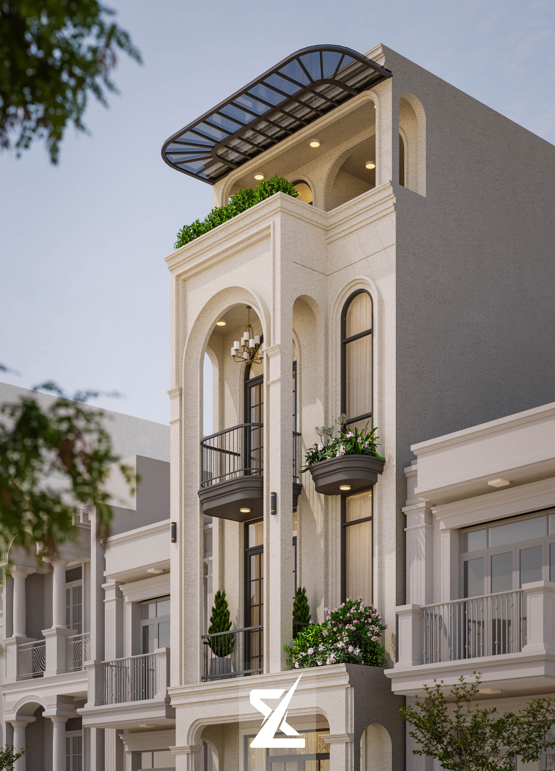 Góc nghiêng mặt tiền Elora Villa thể hiện độ sâu ban công vòm và hệ bồn hoa rực rỡ dưới nắng sớm
