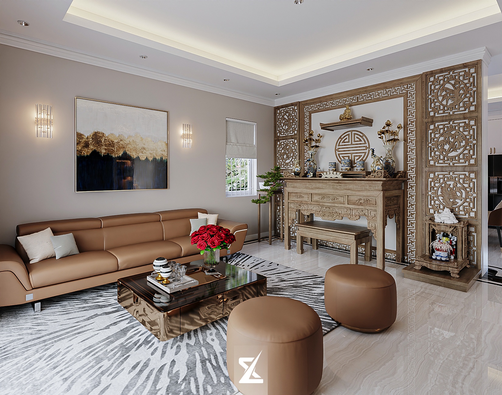 Góc thưởng thức âm nhạc với đàn Grand Piano đen bóng và sofa nỉ cao cấp trong phòng khách