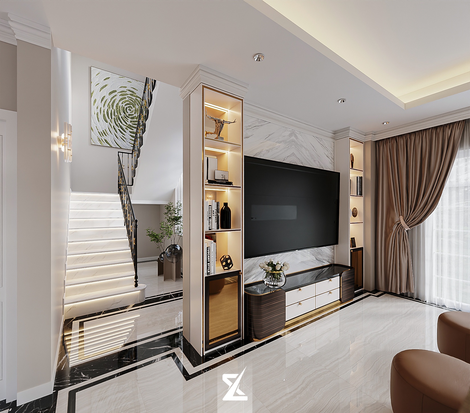 Không gian phòng khách sang trọng với vách TV đá Marble, tủ rượu mạ vàng và cầu thang LED xuyên sáng