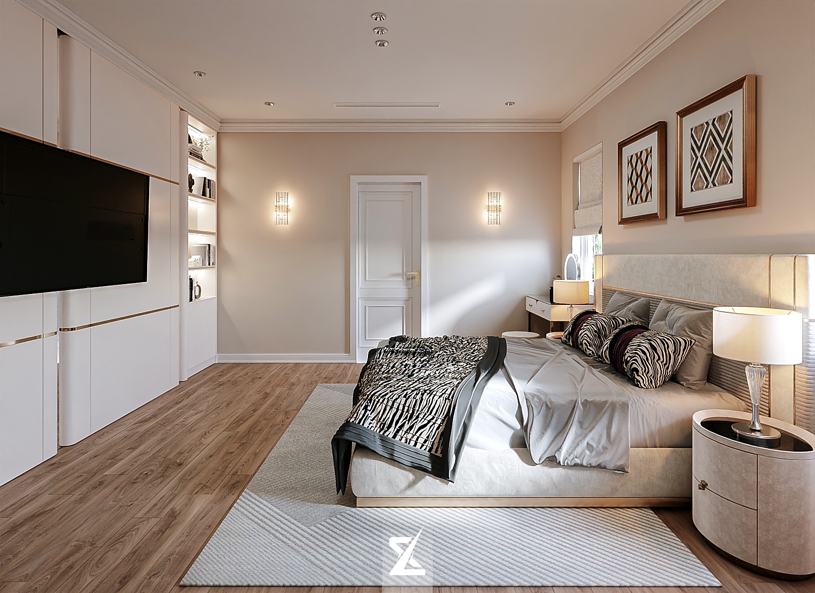 Phòng ngủ Master VIP phong cách Tân cổ điển với sàn gỗ xương cá, tủ áo kịch trần và giường ngủ nỉ nhung êm ái