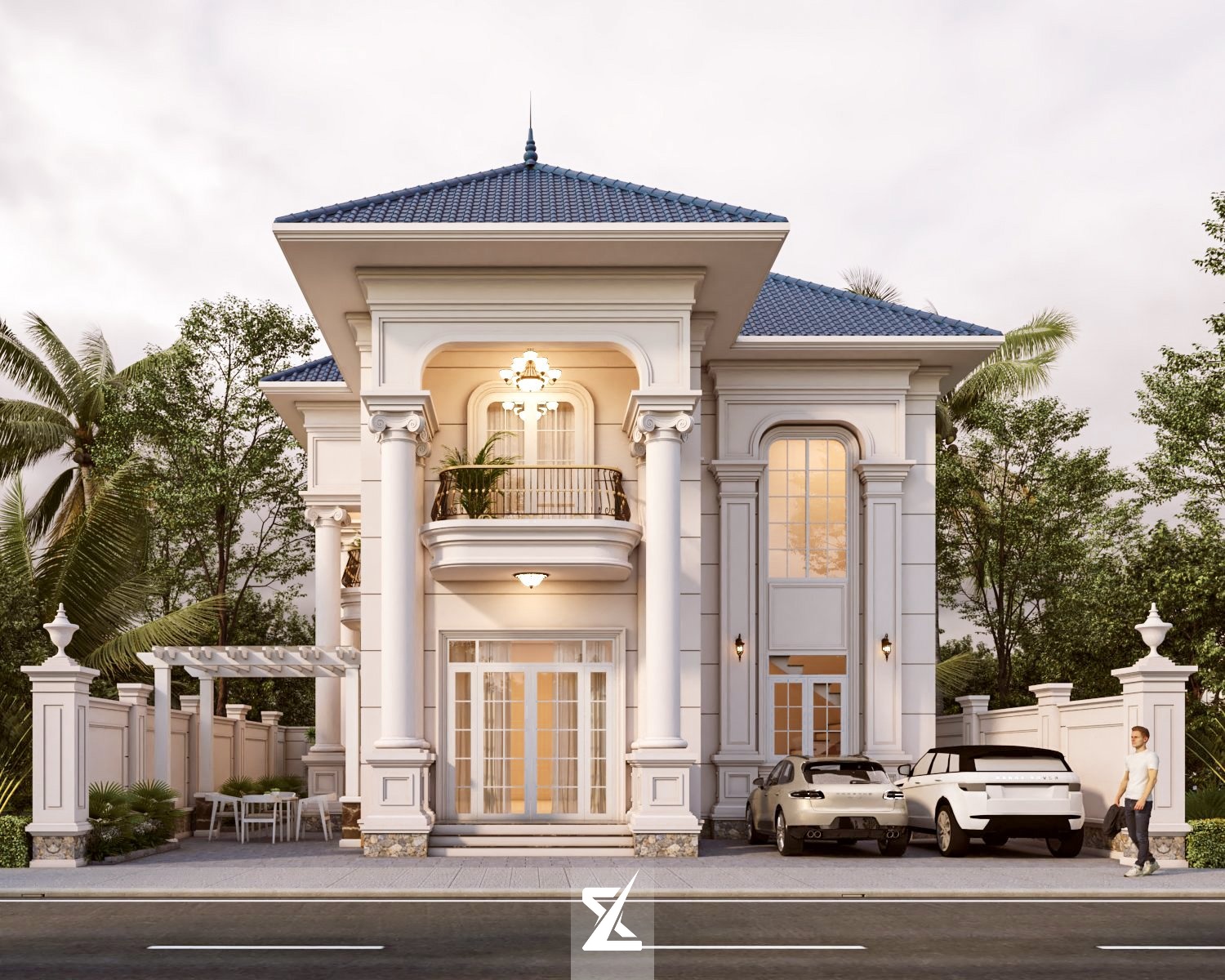 Phối cảnh chính diện biệt thự mái Nhật tân cổ điển Phú Gia Viên với sân trước rộng và hệ cột Ionic nguy nga