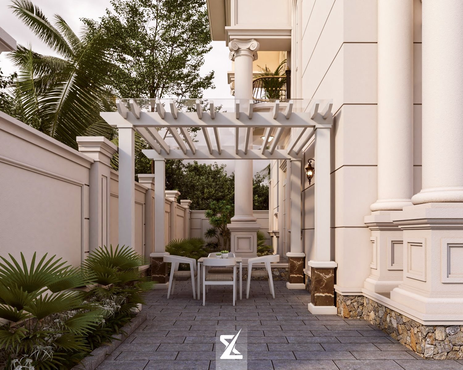 Góc trà ngoài trời dưới giàn pergola trắng thơ mộng nép mình bên thảm cây xanh