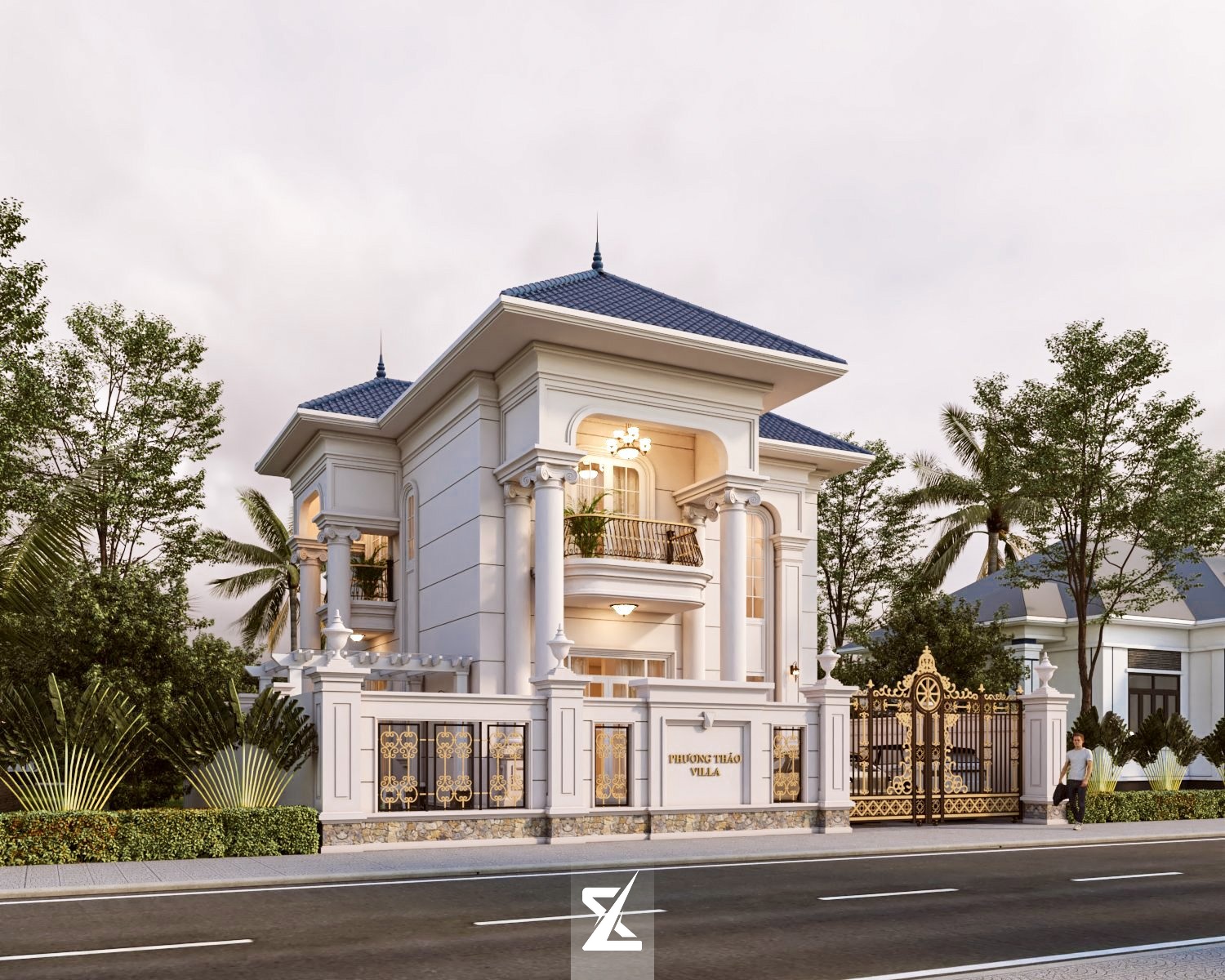 Góc phối cảnh góc nhìn từ đường phố với cổng nhôm đúc mạ vàng và tường rào tân cổ điển bề thế