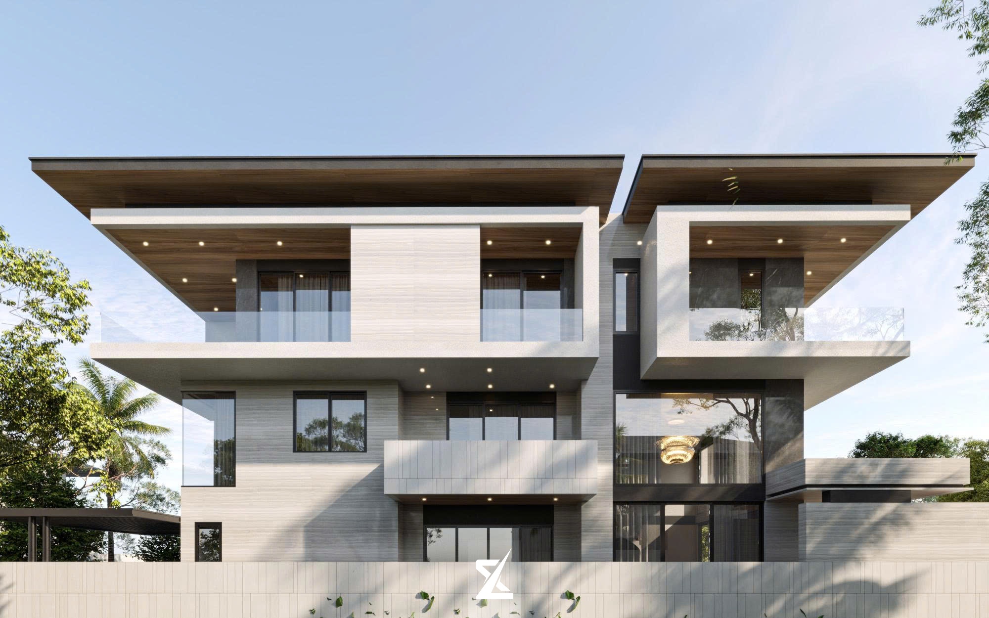 Mặt đứng tổng thể biệt thự Evergreen Villa trải dài với vách kính lớn và dải cây xanh tươi mát