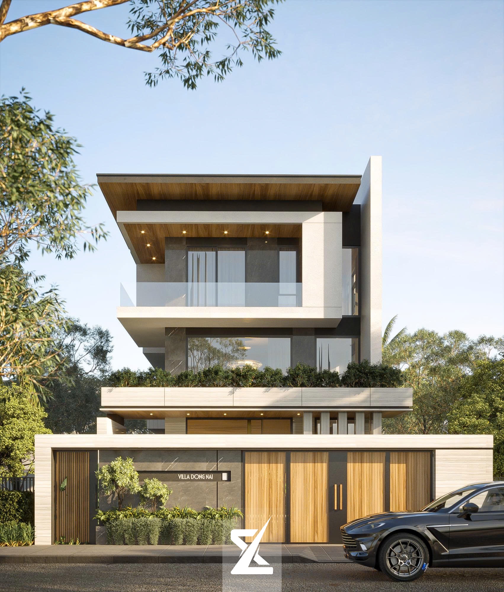 Phối cảnh mặt tiền biệt thự hiện đại Evergreen Villa với tường rào ốp đá travertine, cổng gỗ tự nhiên và xe sang