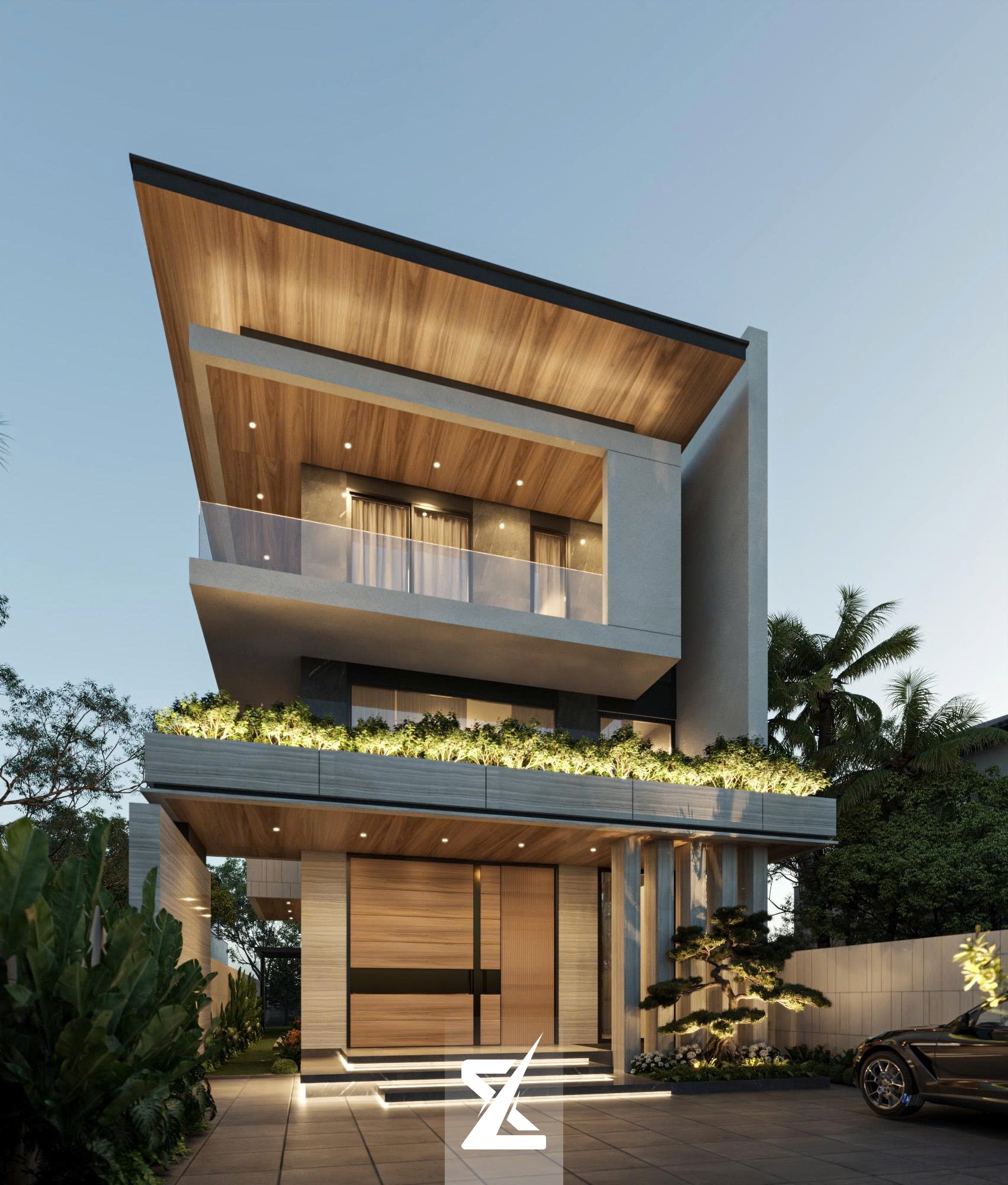 Phối cảnh ban đêm lung linh của Evergreen Villa với hệ thống đèn LED hắt sáng tầng lầu và cây tùng la hán
