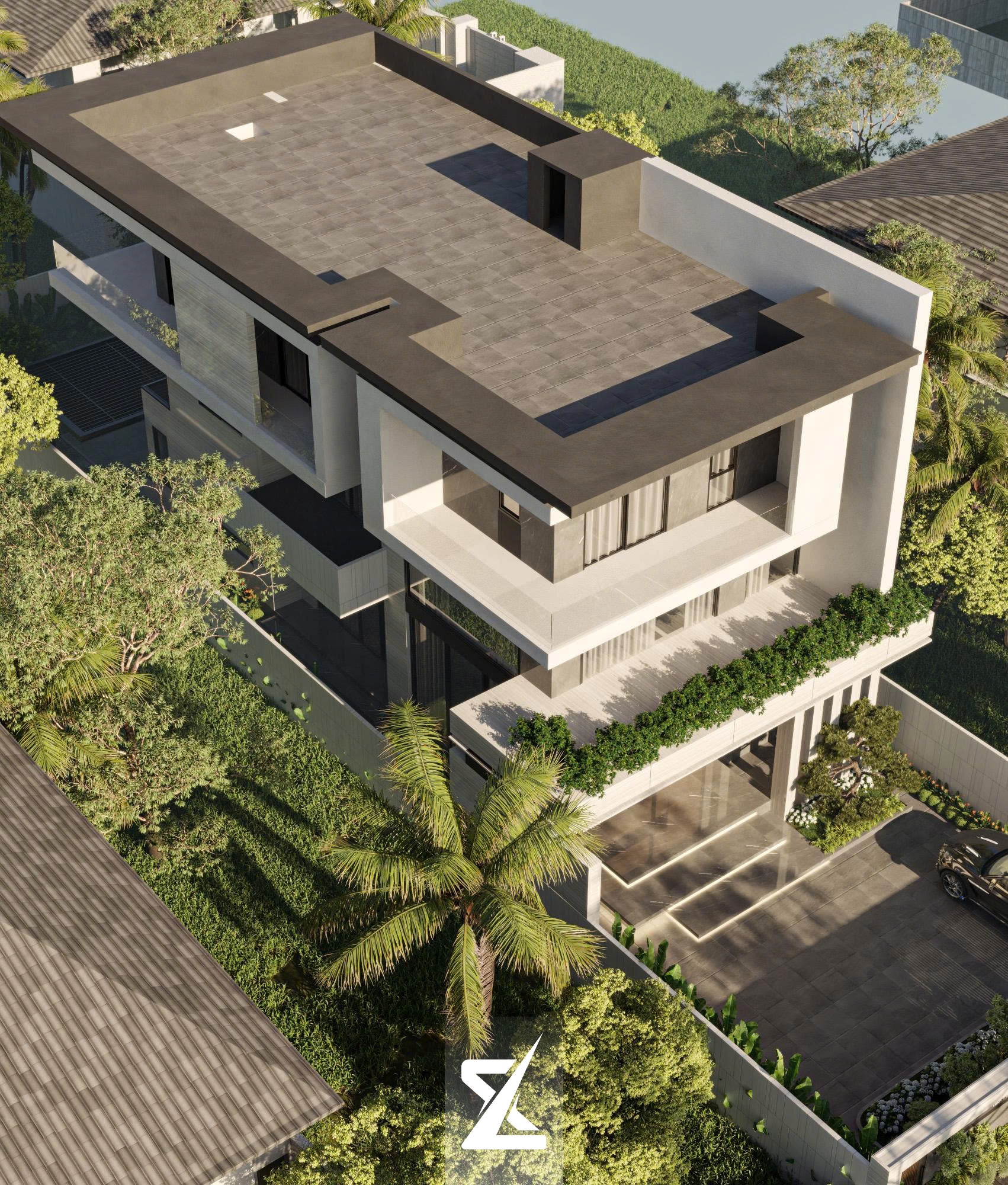 Toàn cảnh Evergreen Villa nhìn từ trên cao cho thấy sự hài hòa giữa khối nhà và thảm thực vật bao quanh
