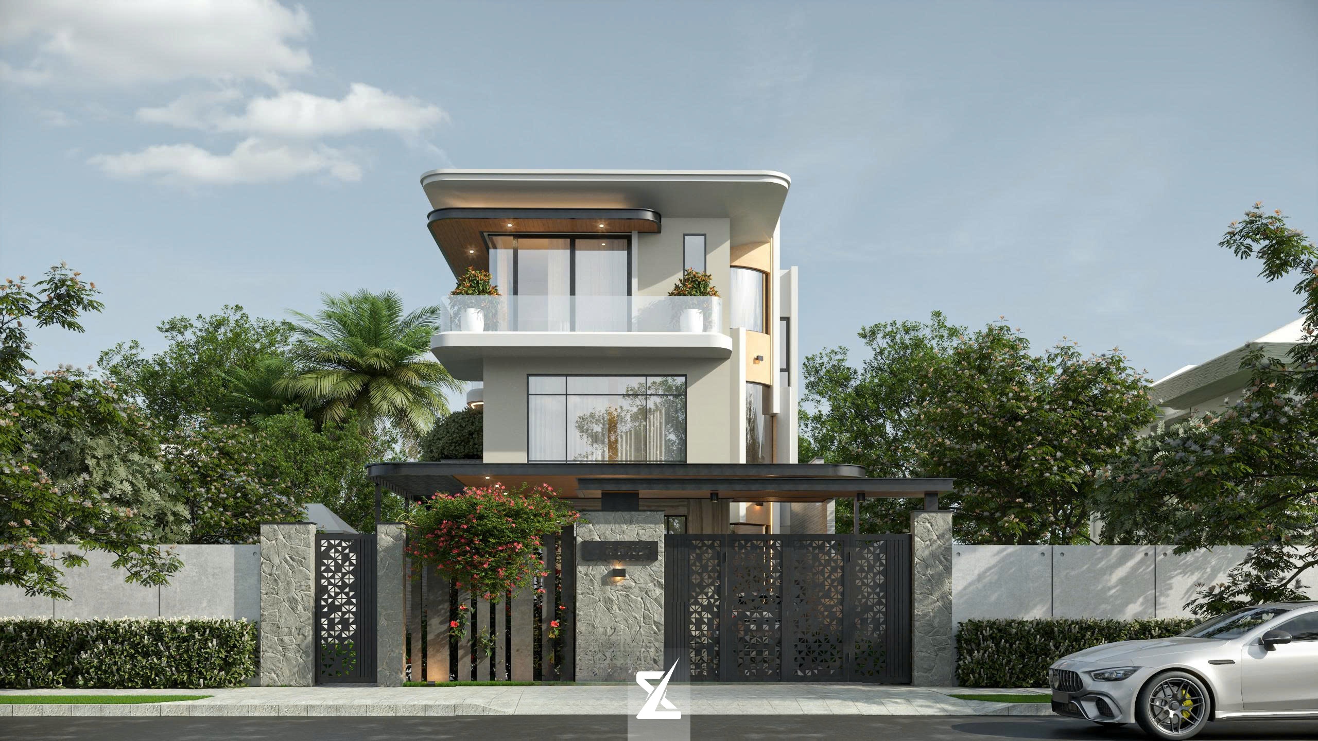 Phối cảnh mặt tiền ban ngày biệt thự hiện đại Modern Flow Đồng Nai