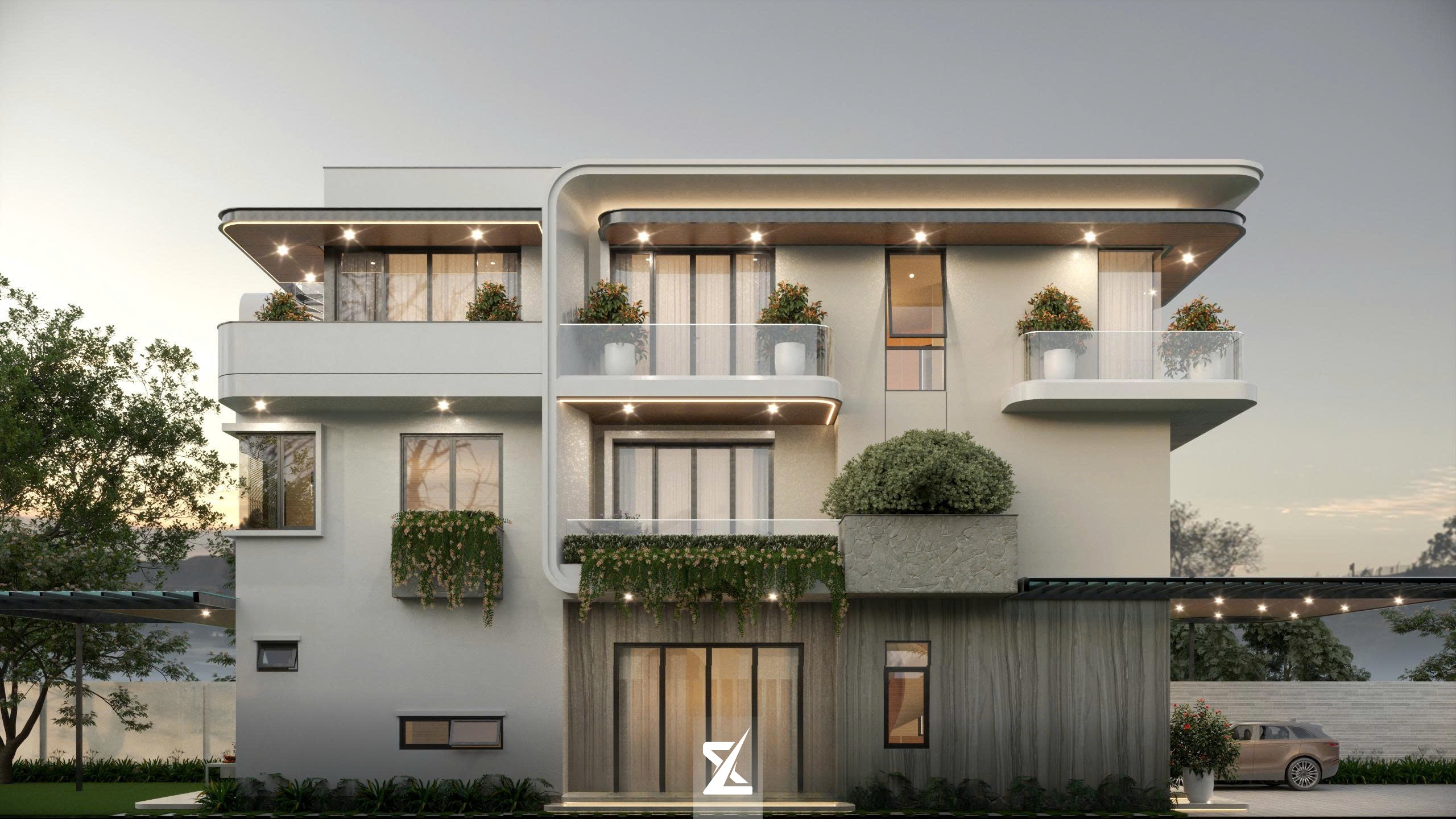 Hành lang bên hông biệt thự Modern Flow lung linh ánh đèn và cây xanh