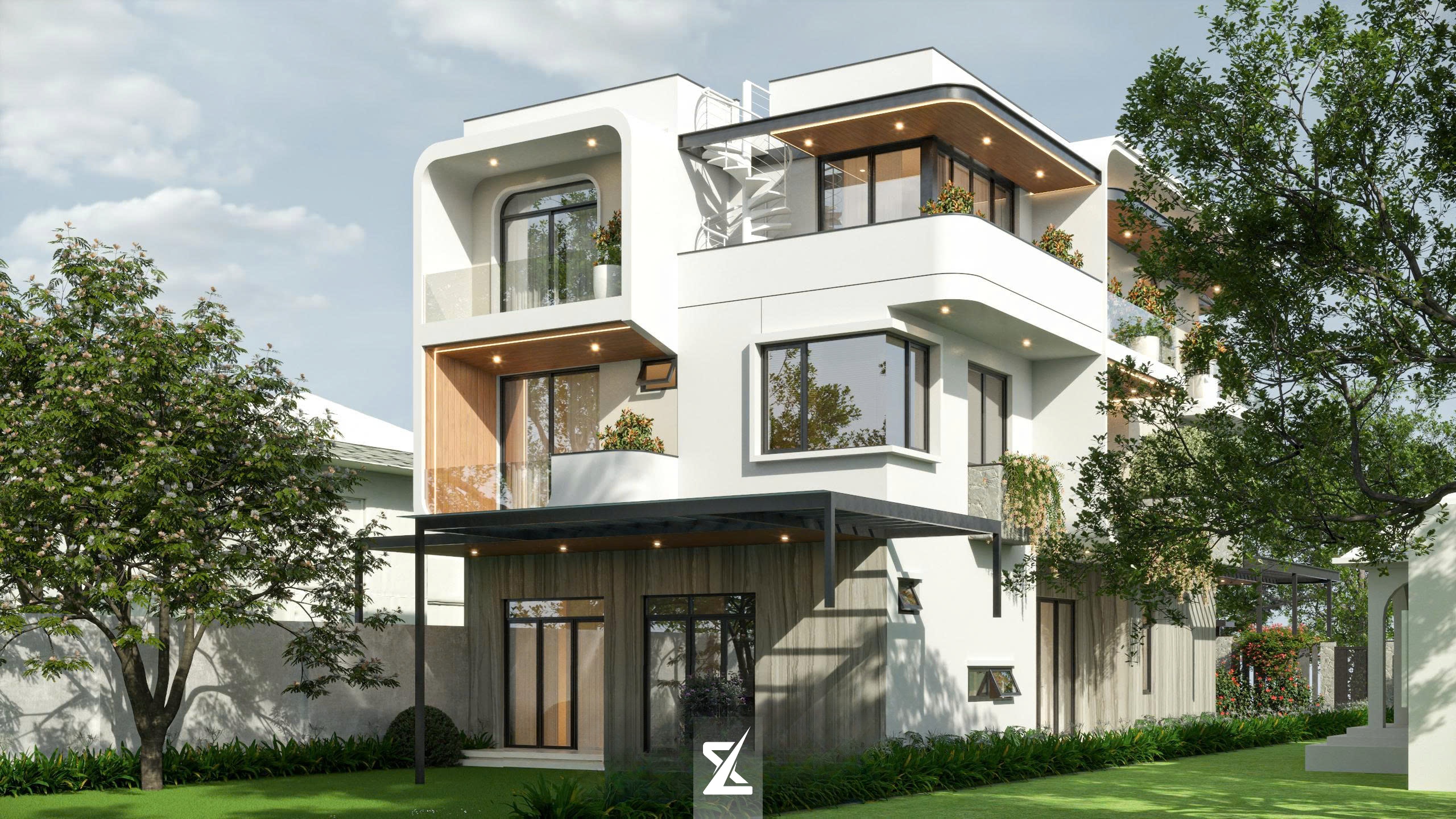 Góc nhìn bên hông biệt thự Modern Flow kết nối sân vườn và cầu thang xoắn ốc