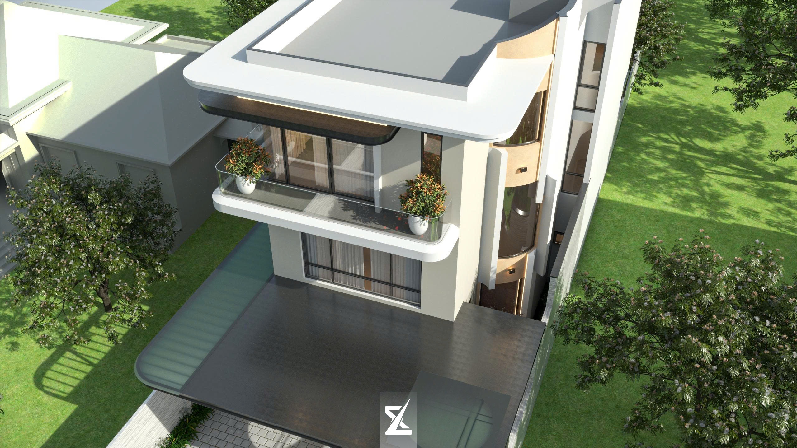 Góc chụp từ trên cao mặt trước biệt thự Modern Flow