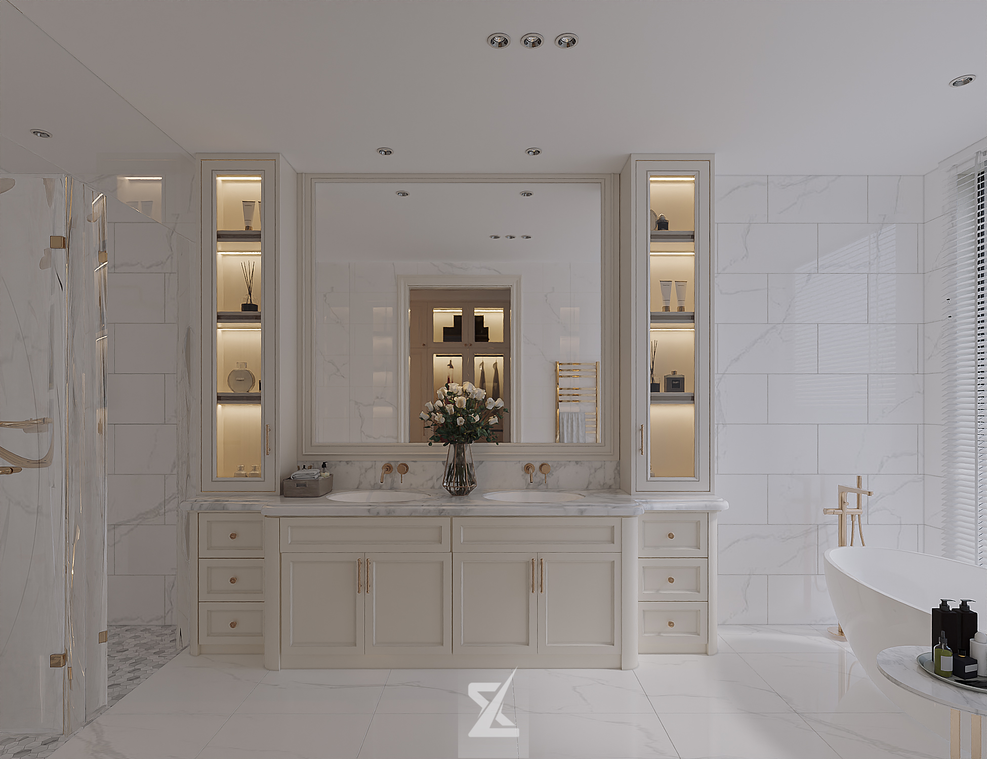 Phòng tắm Master đẳng cấp với lavabo đôi và bồn tắm thư giãn