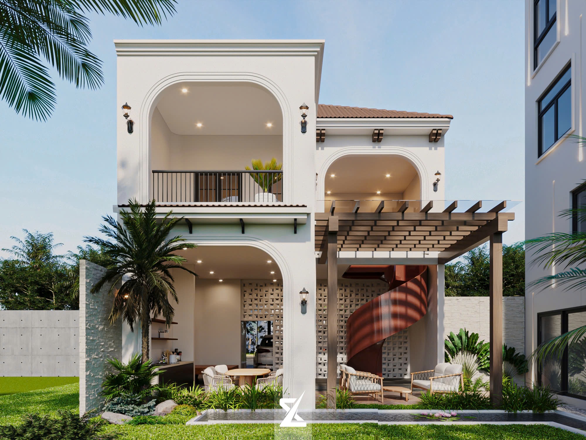 Toàn cảnh sân vườn phía sau SOLÉA VILLA với vòm cuốn 2 tầng và hồ sen súng