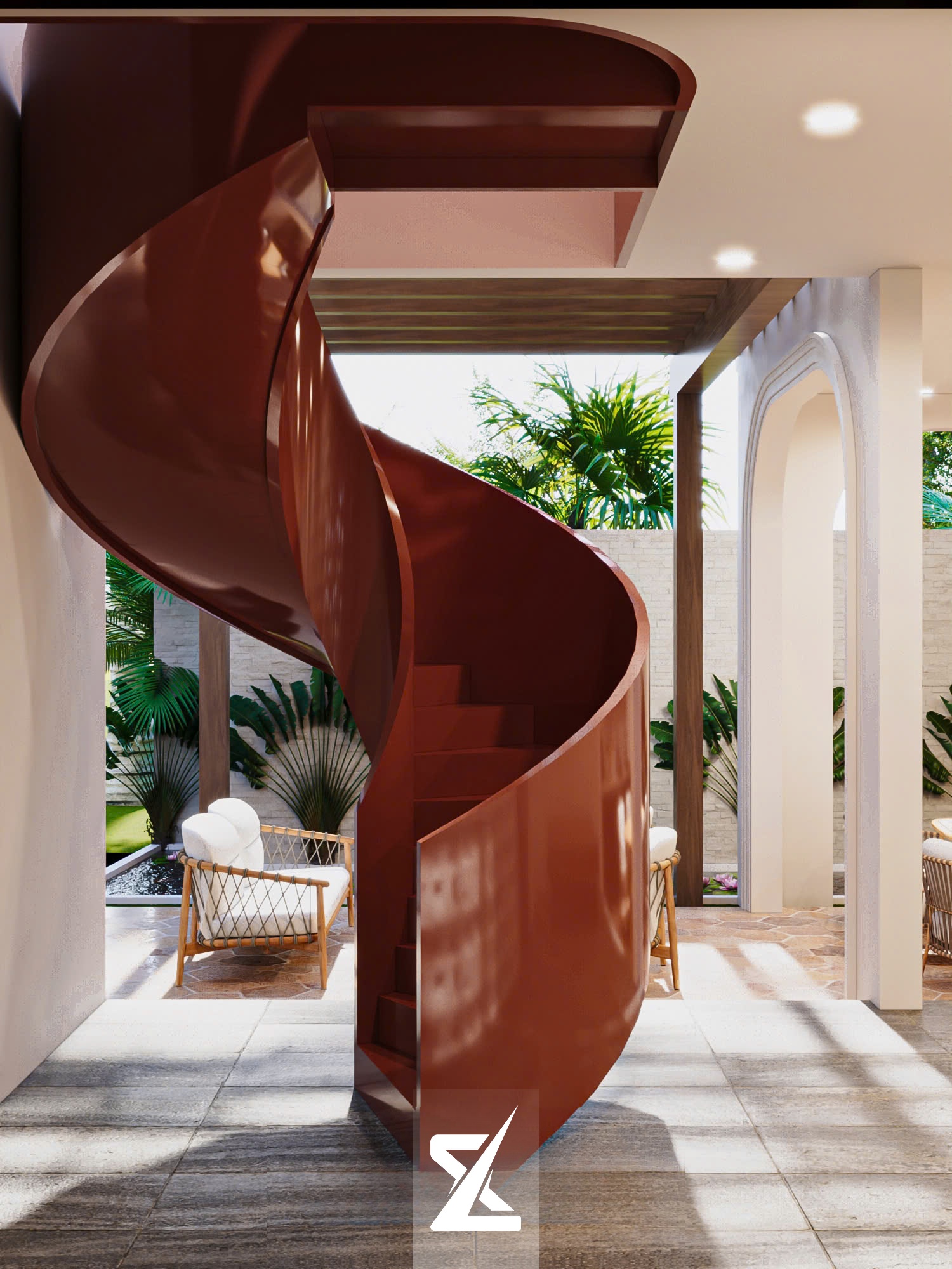 Cầu thang xoắn ốc lộ thiên màu terracotta độc bản tại SOLÉA VILLA