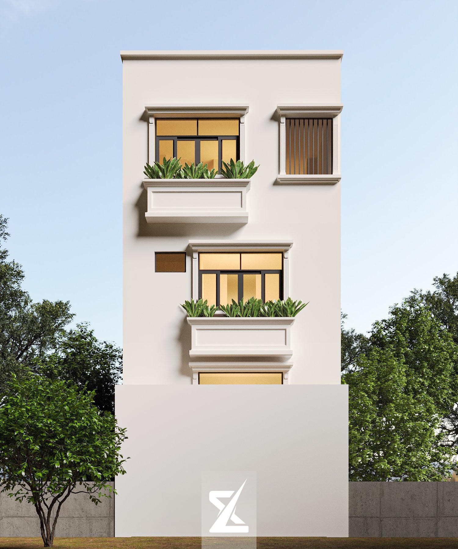 Phối cảnh góc mặt tiền công trình shophouse kinh doanh kết hợp ở