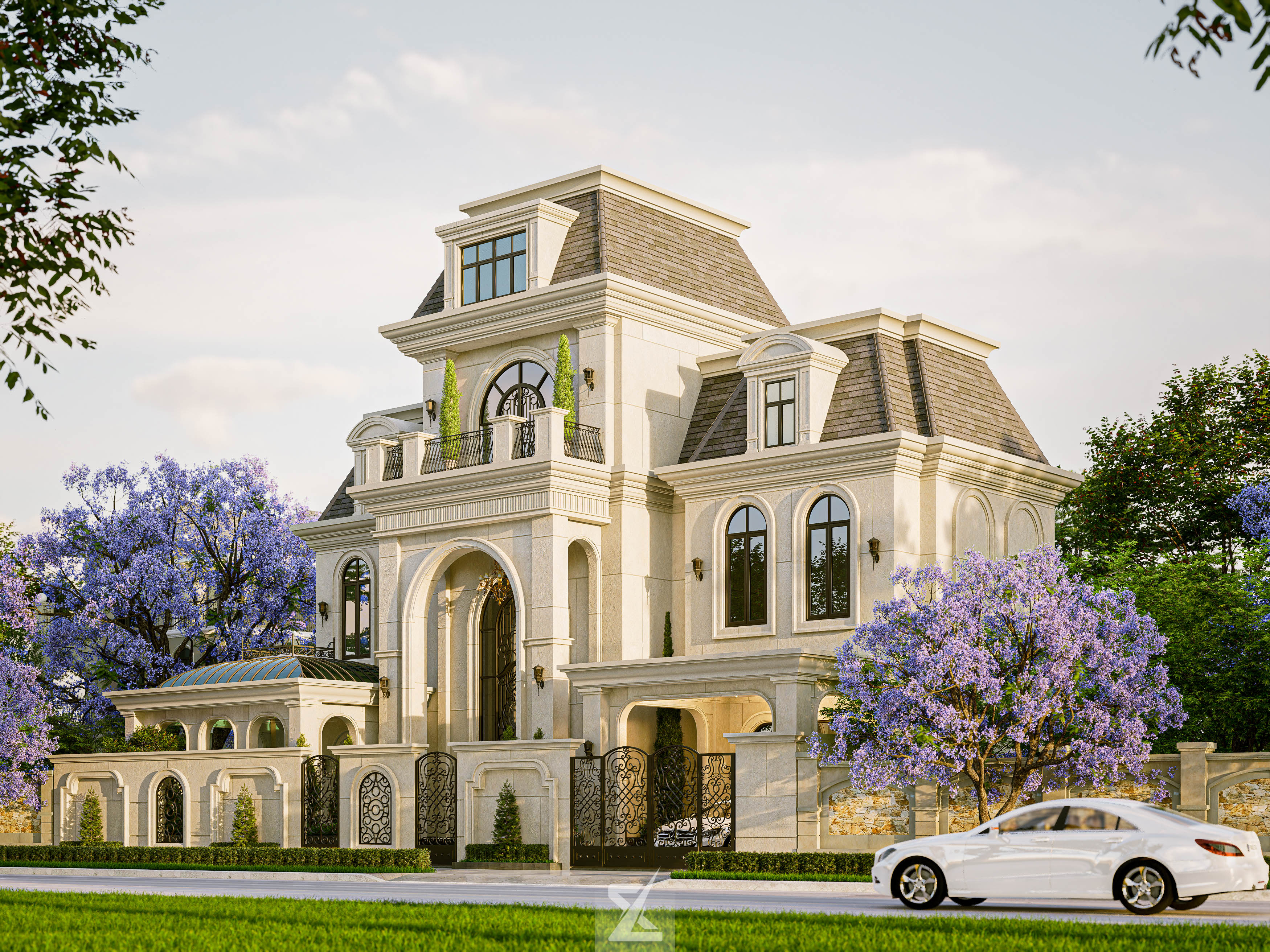 Góc nghiêng mặt tiền Grandio Villa rực rỡ trong sắc hoa phượng tím Jacaranda
