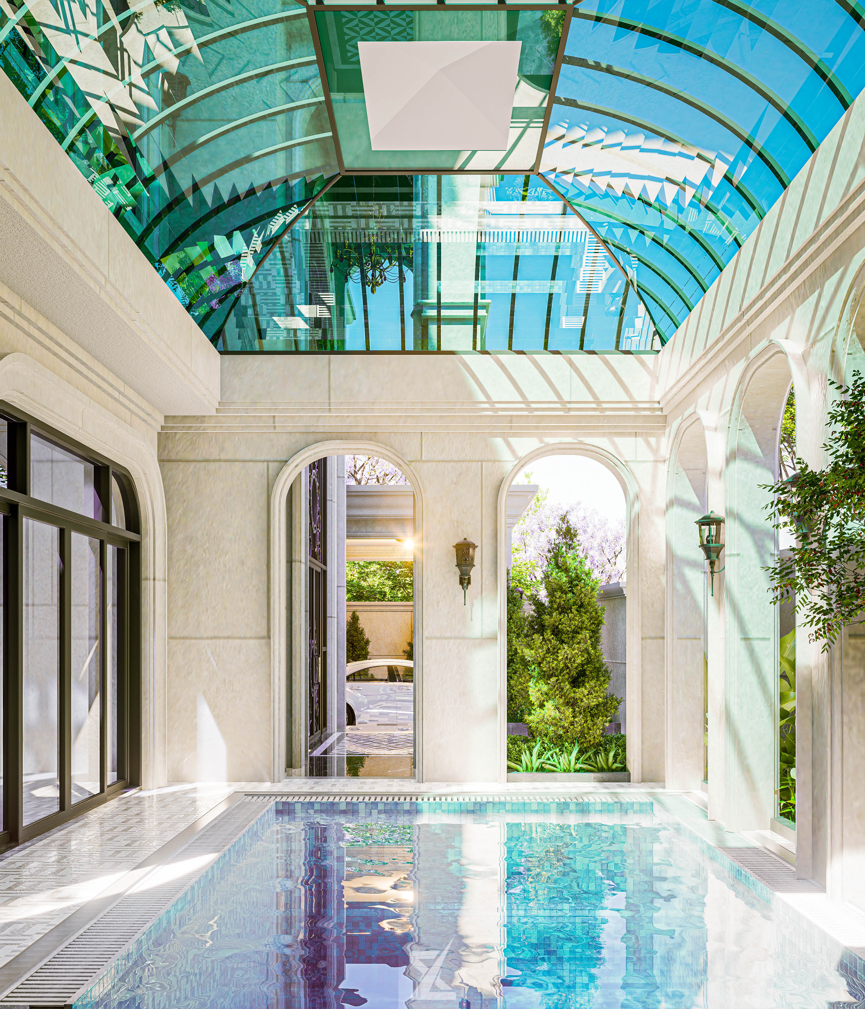 Hồ bơi trong nhà dưới mái vòm kính cong Sunroom đón trọn ánh sáng tự nhiên