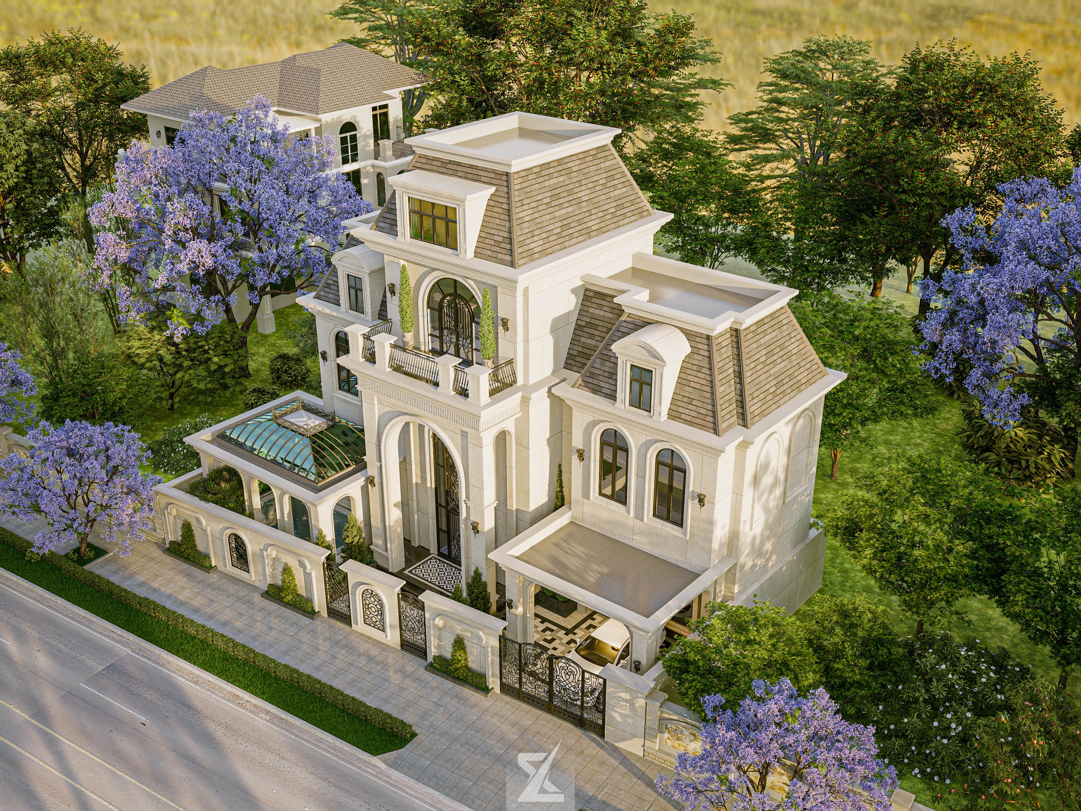 Toàn cảnh Grandio Villa nhìn từ trên cao bao quát khuôn viên và cấu trúc mái Mansard