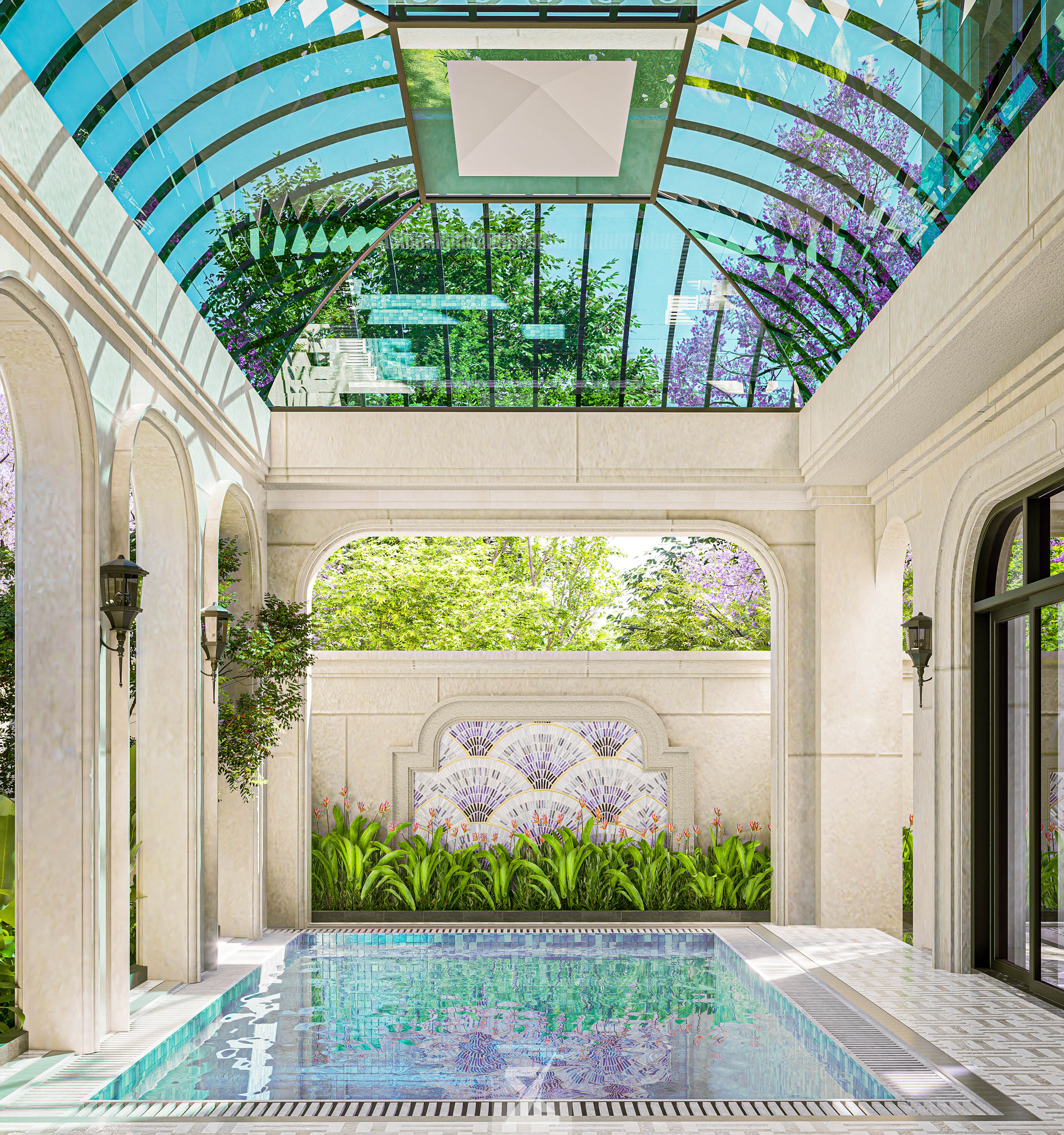 Mảng tường mosaic nghệ thuật và cây xanh tại phân khu hồ bơi Grandio Villa
