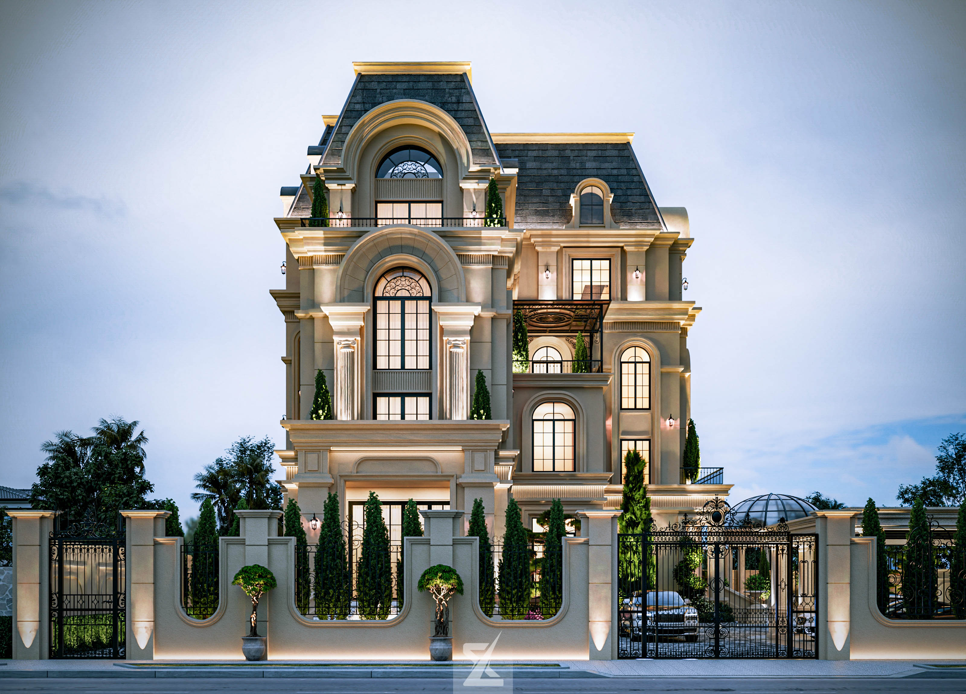 Phối cảnh biệt thự Château De Grâce Villa rực rỡ ánh hoàng kim về đêm