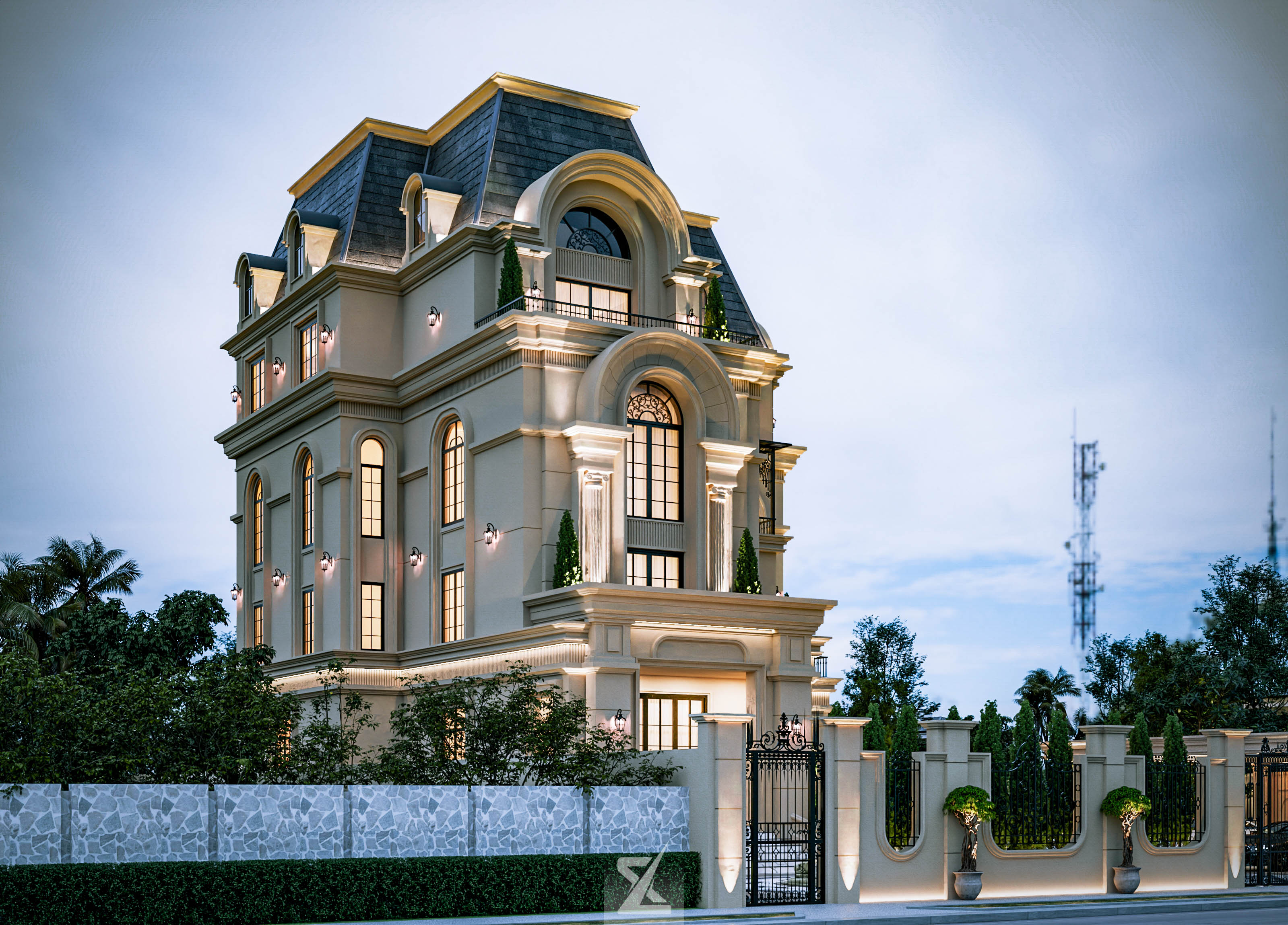 Phối cảnh góc nghiêng Château De Grâce Villa trong ánh hoàng hôn diễm lệ