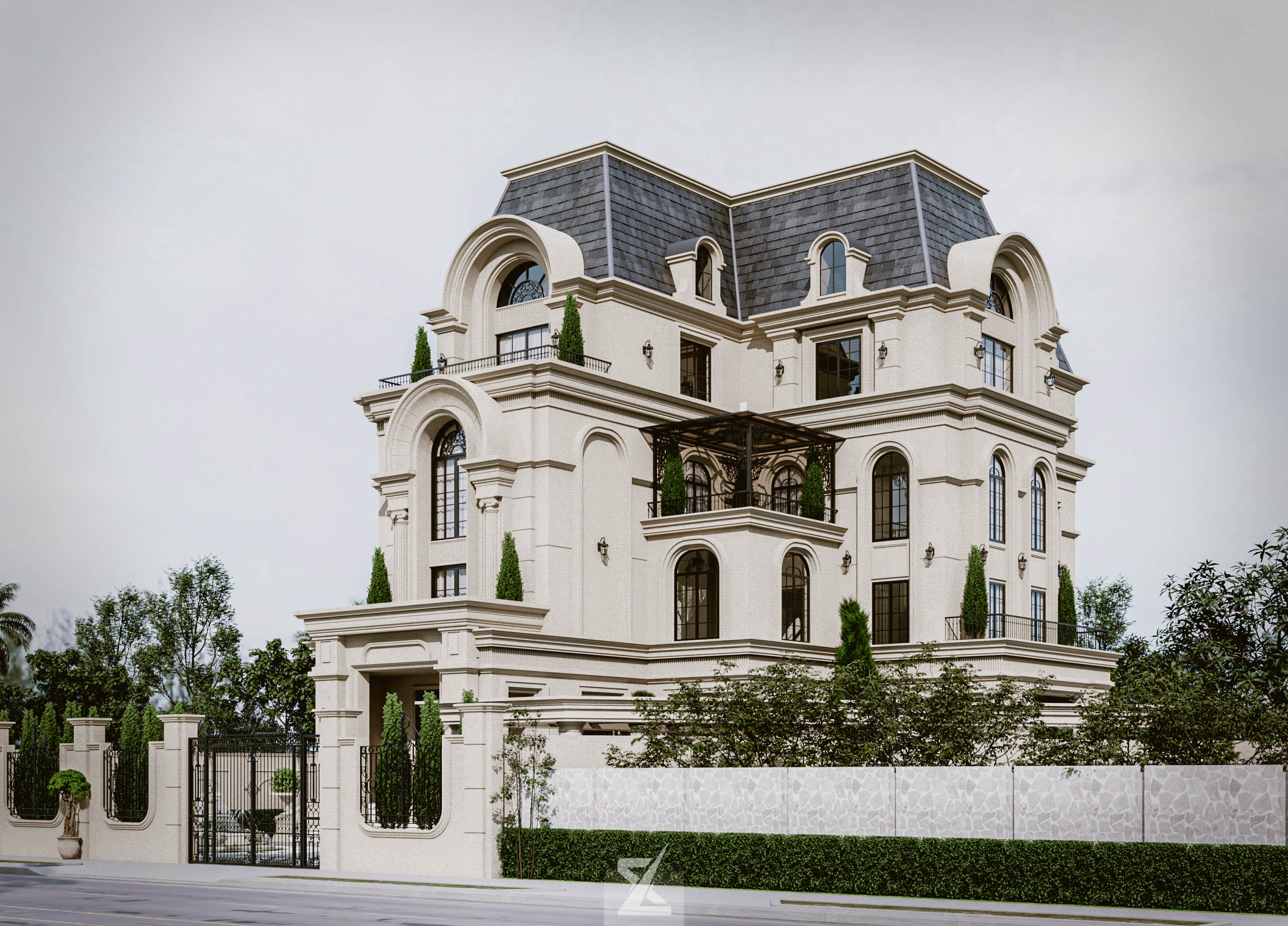 Góc nghiêng ban ngày tôn vinh hình khối kiến trúc 4 tầng và hệ mái Mansard đồ sộ