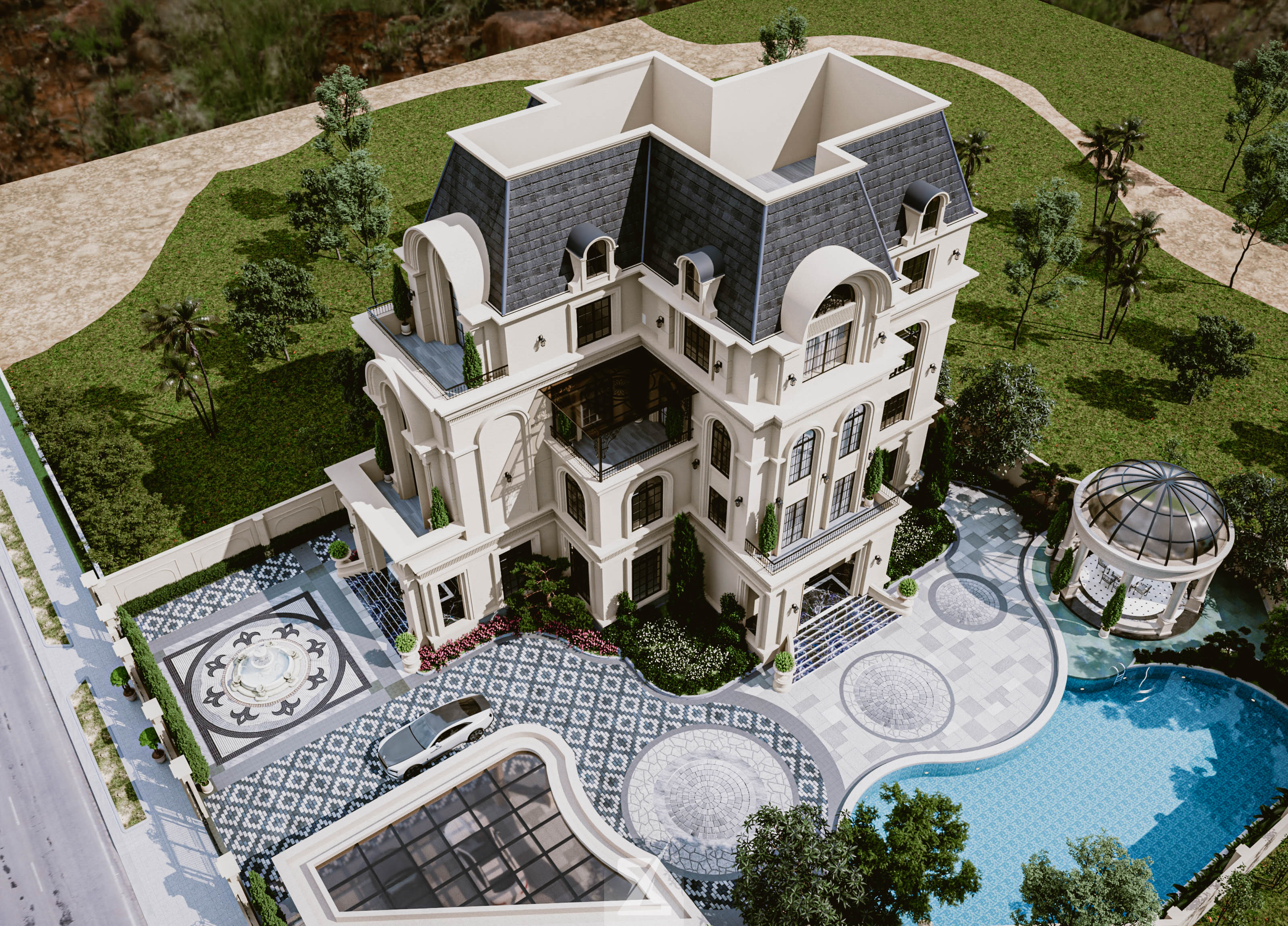 Toàn cảnh dinh thự Château De Grâce Villa nhìn từ trên cao bao quát khuôn viên hồ bơi và chòi nghỉ