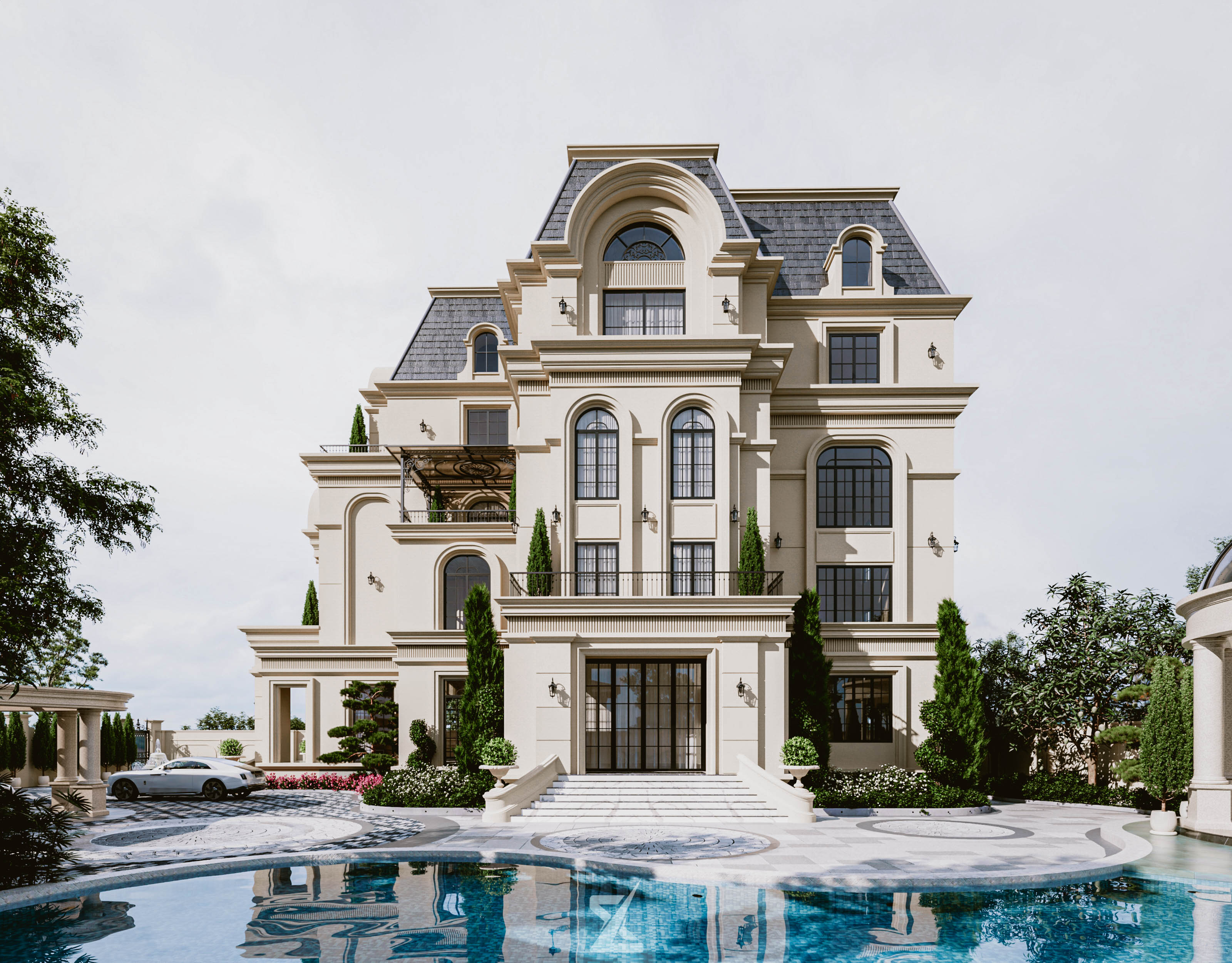 Hồ bơi ngoài trời trong xanh uốn lượn bên thềm biệt thự Château De Grâce Villa
