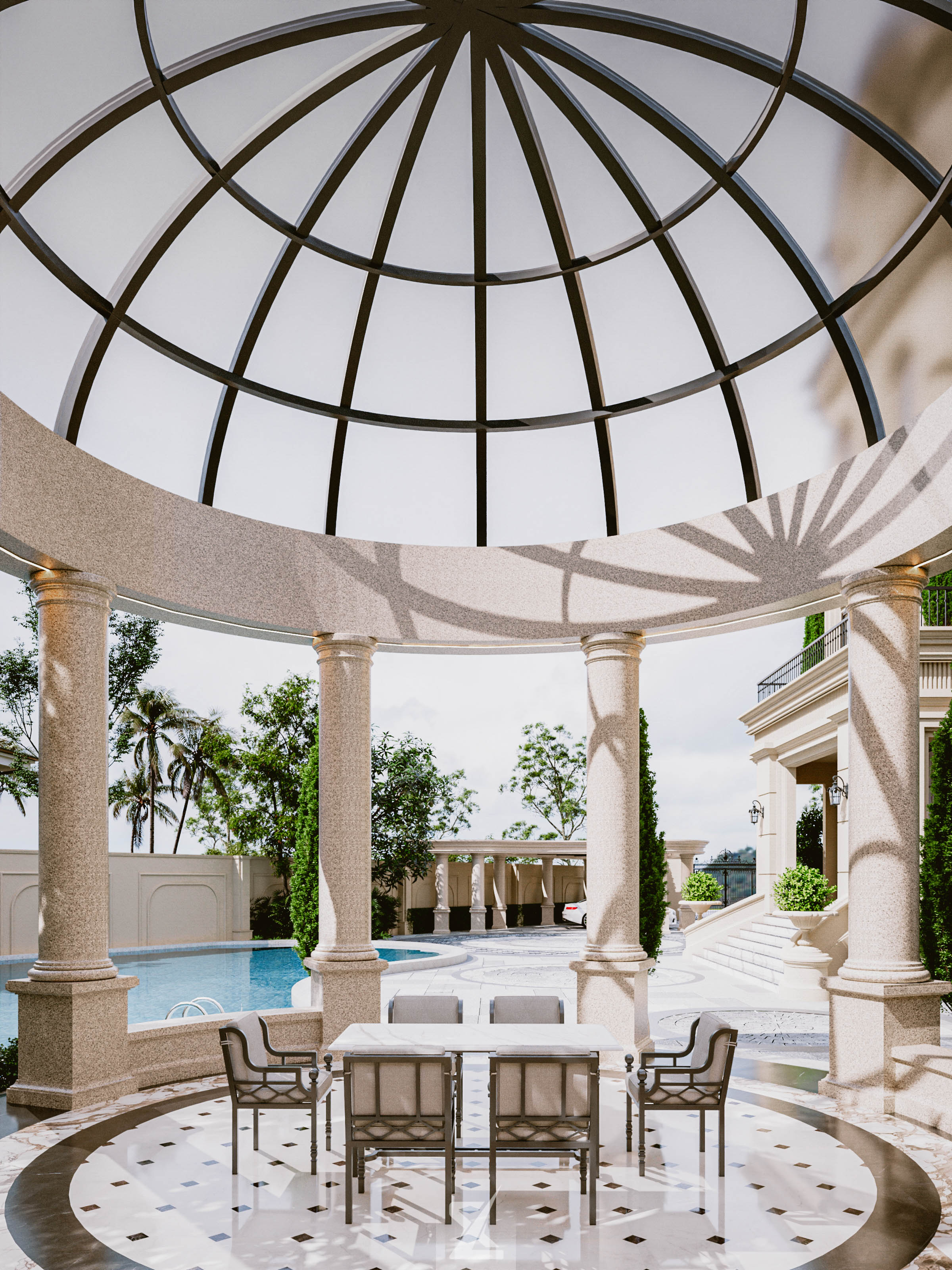 Chòi nghỉ vọng cảnh Gazebo mái vòm kính nghệ thuật nhìn ra hồ bơi sinh thái