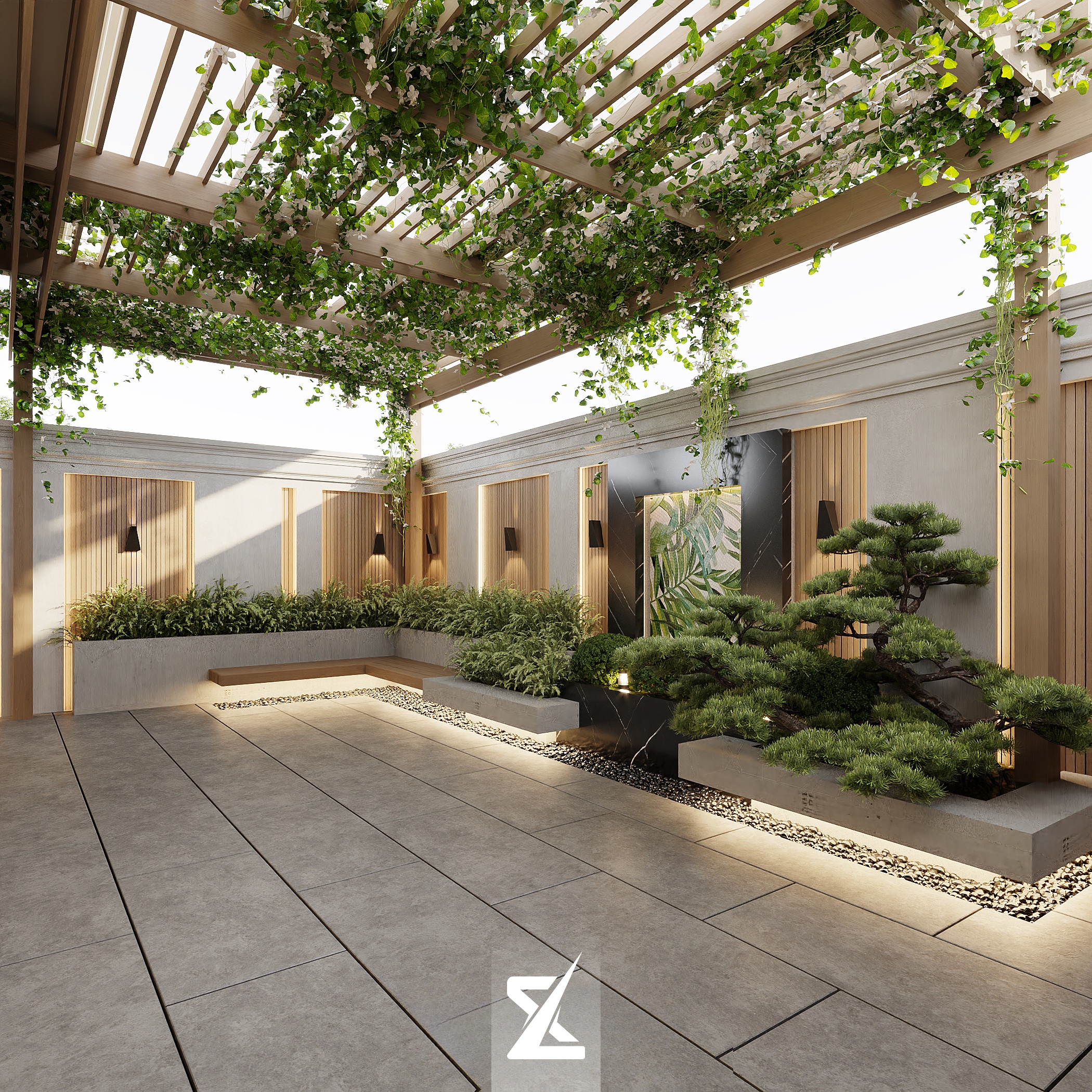 Sân vườn tầng áp mái với giàn hoa lam che Pergola và tiểu cảnh bonsai