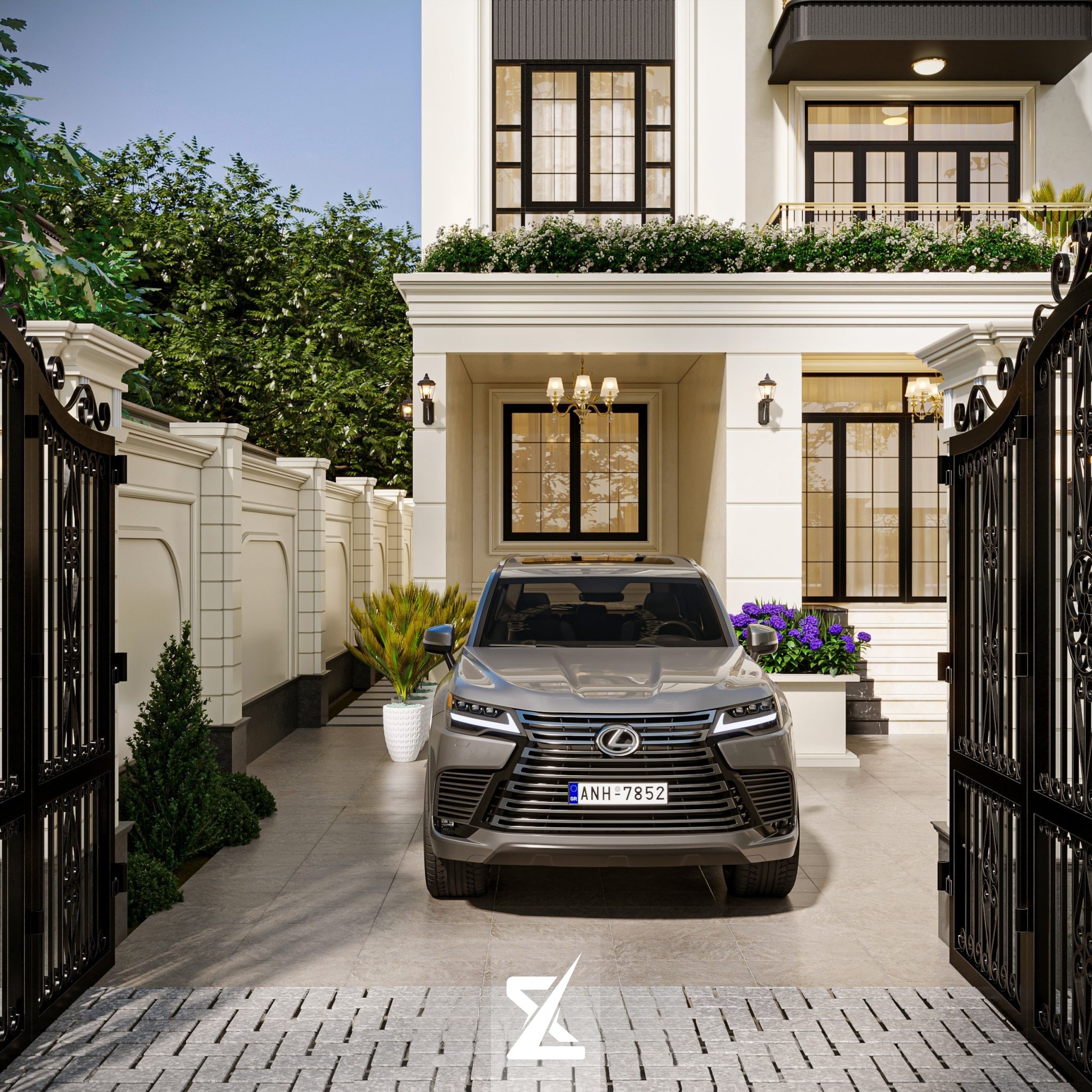 Khu vực sân trước gara ô tô và sảnh đón của The Timeless Manor
