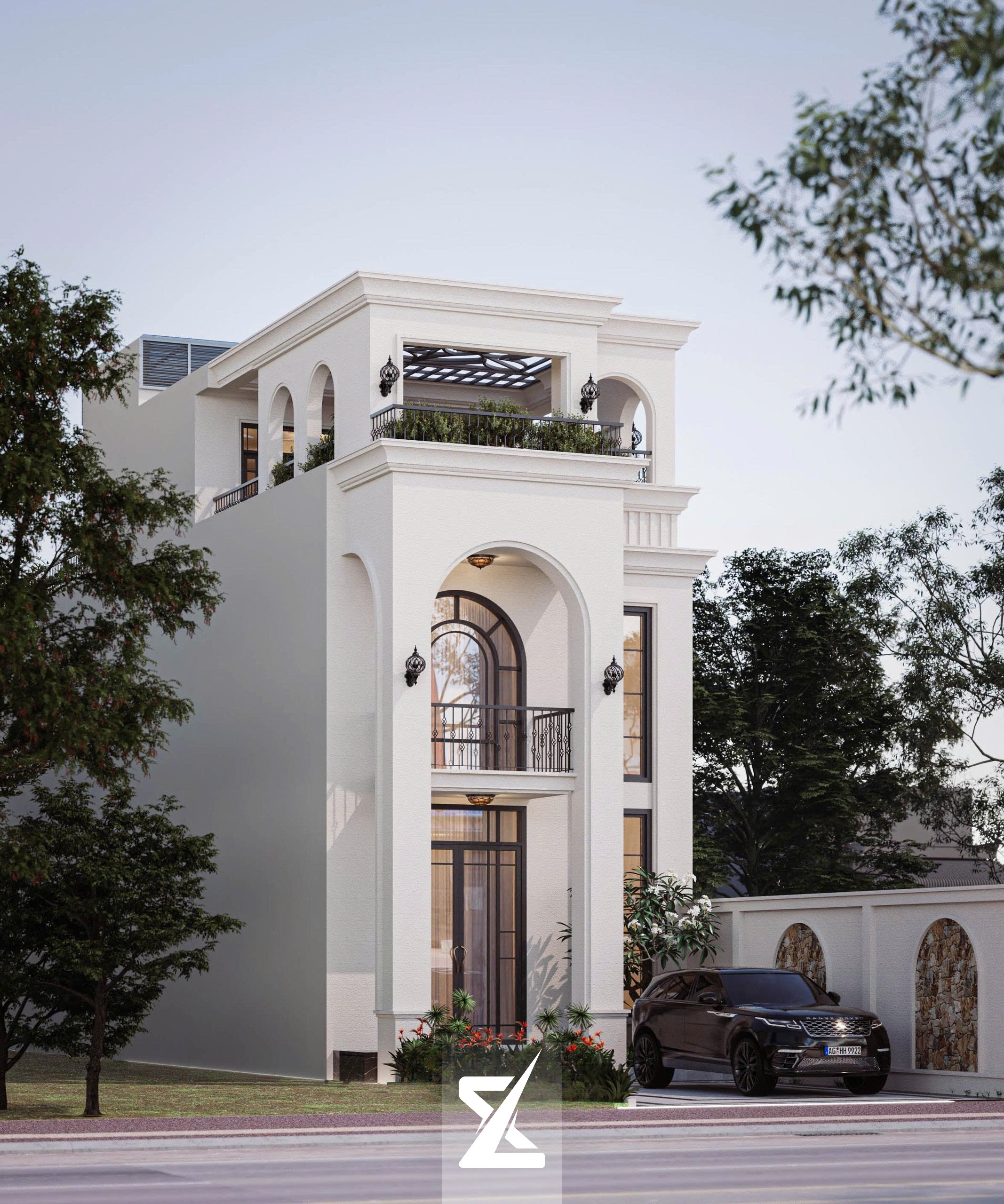 Phối cảnh góc biệt thự phố G-Villa với mặt tiền 6.5m thanh thoát và khoảng sân đỗ xe rộng rãi
