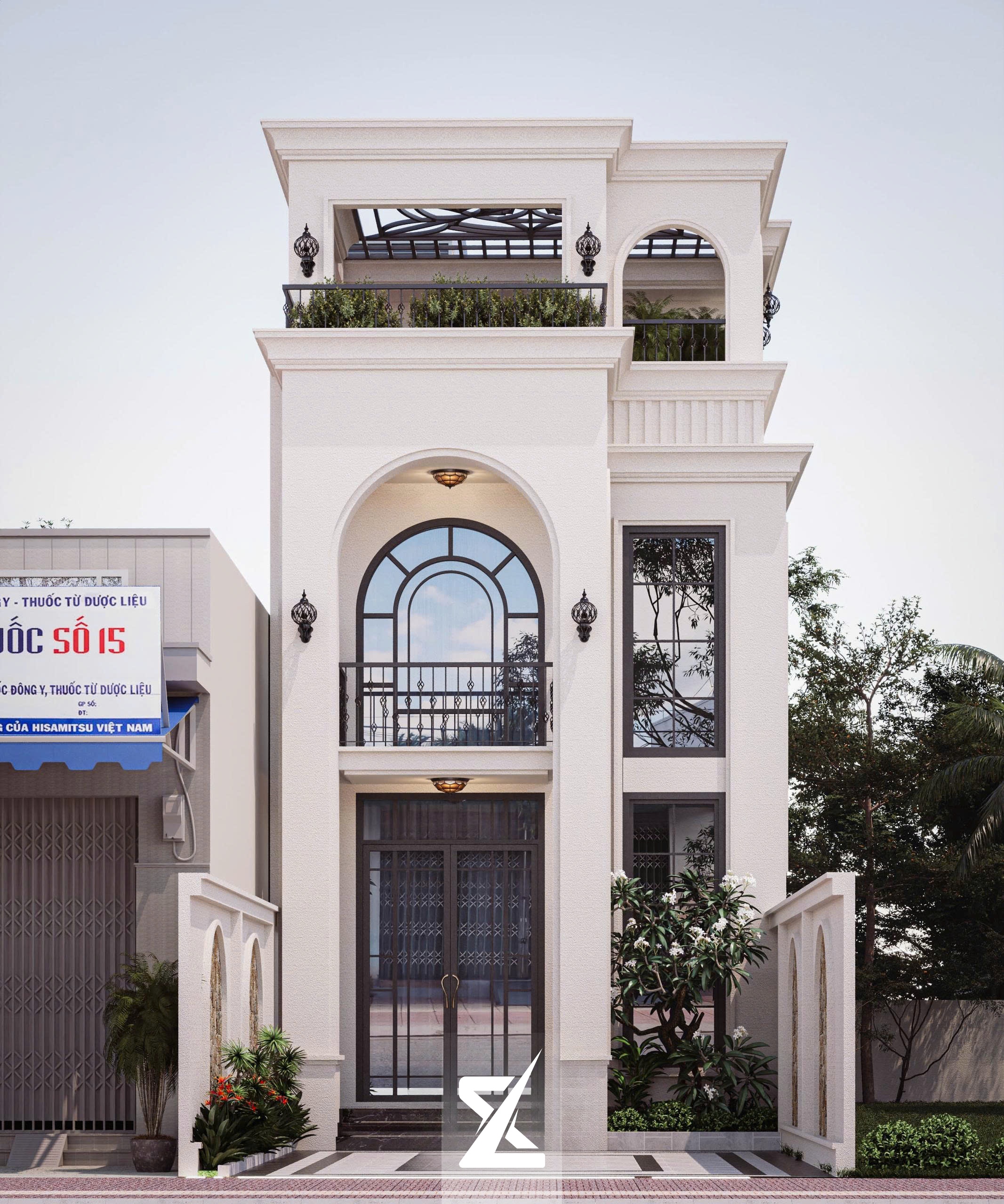 Phối cảnh chính diện G-Villa nổi bật với ngôn ngữ kiến trúc vòm cong Địa Trung Hải tinh tế