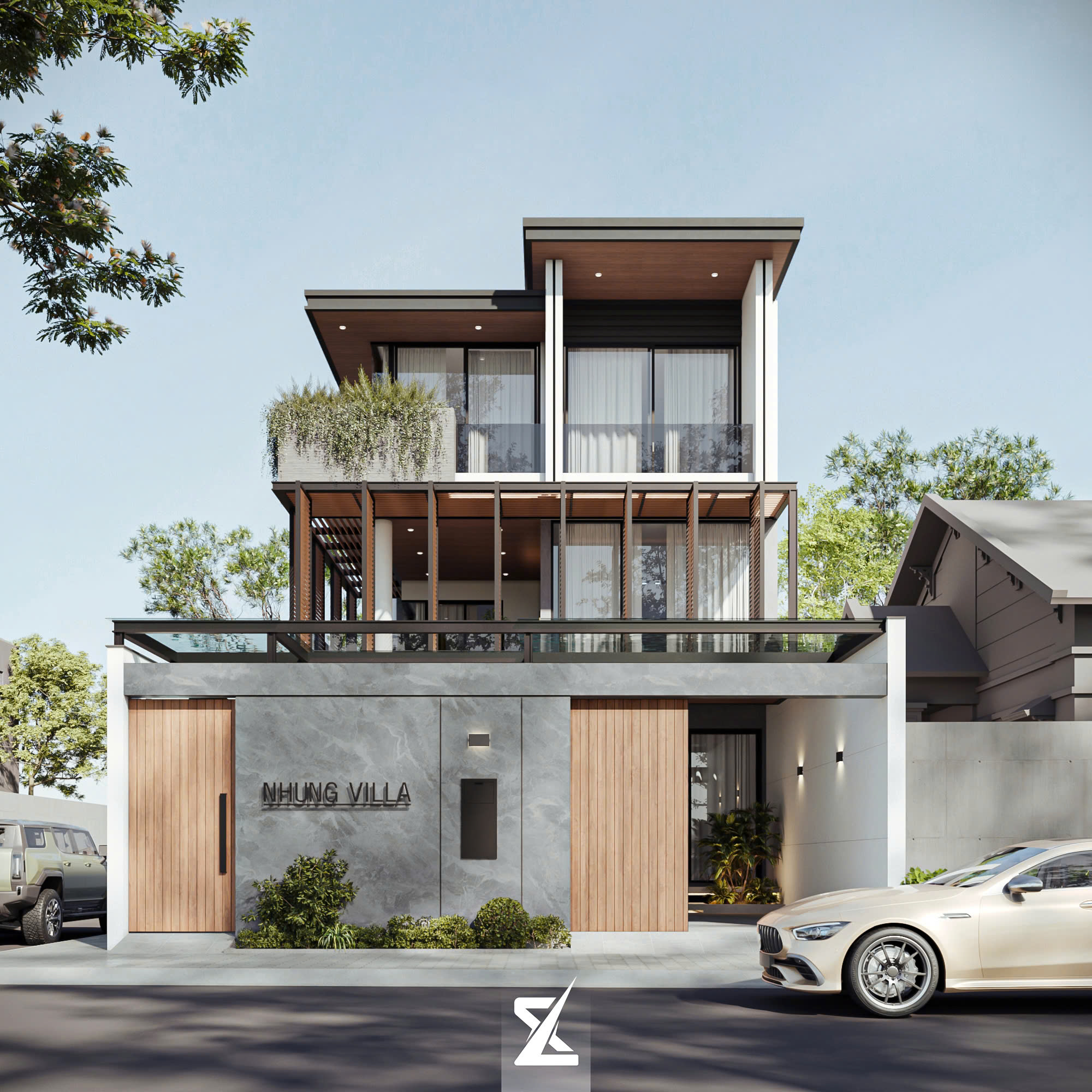Phối cảnh chính diện biệt thự hiện đại Aveline Villa với hình khối giật cấp táo bạo và mảng xanh nhiệt đới