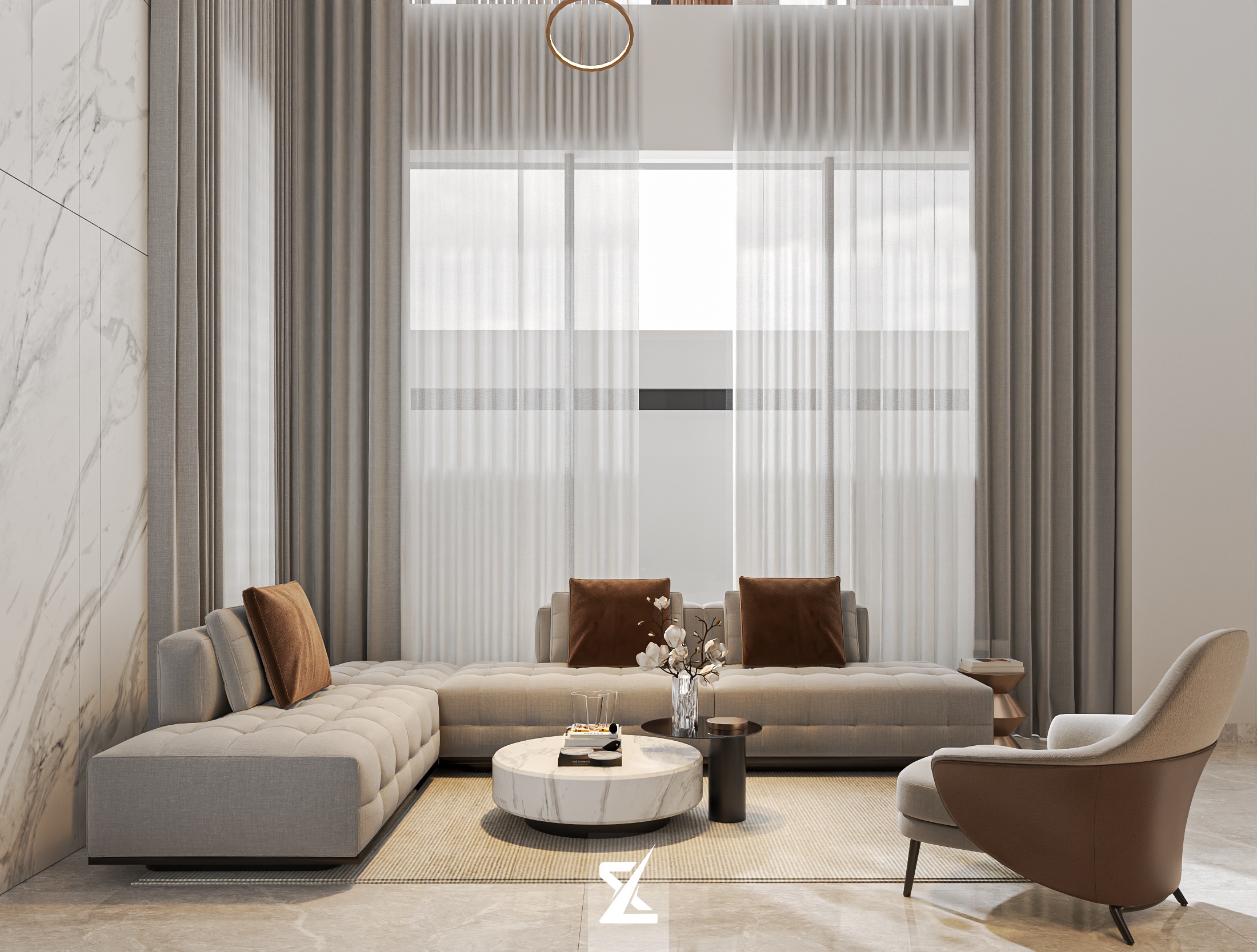 Phòng khách sang trọng tràn ngập ánh sáng tự nhiên với bộ sofa bọc nỉ cao cấp và rèm voan thanh thoát