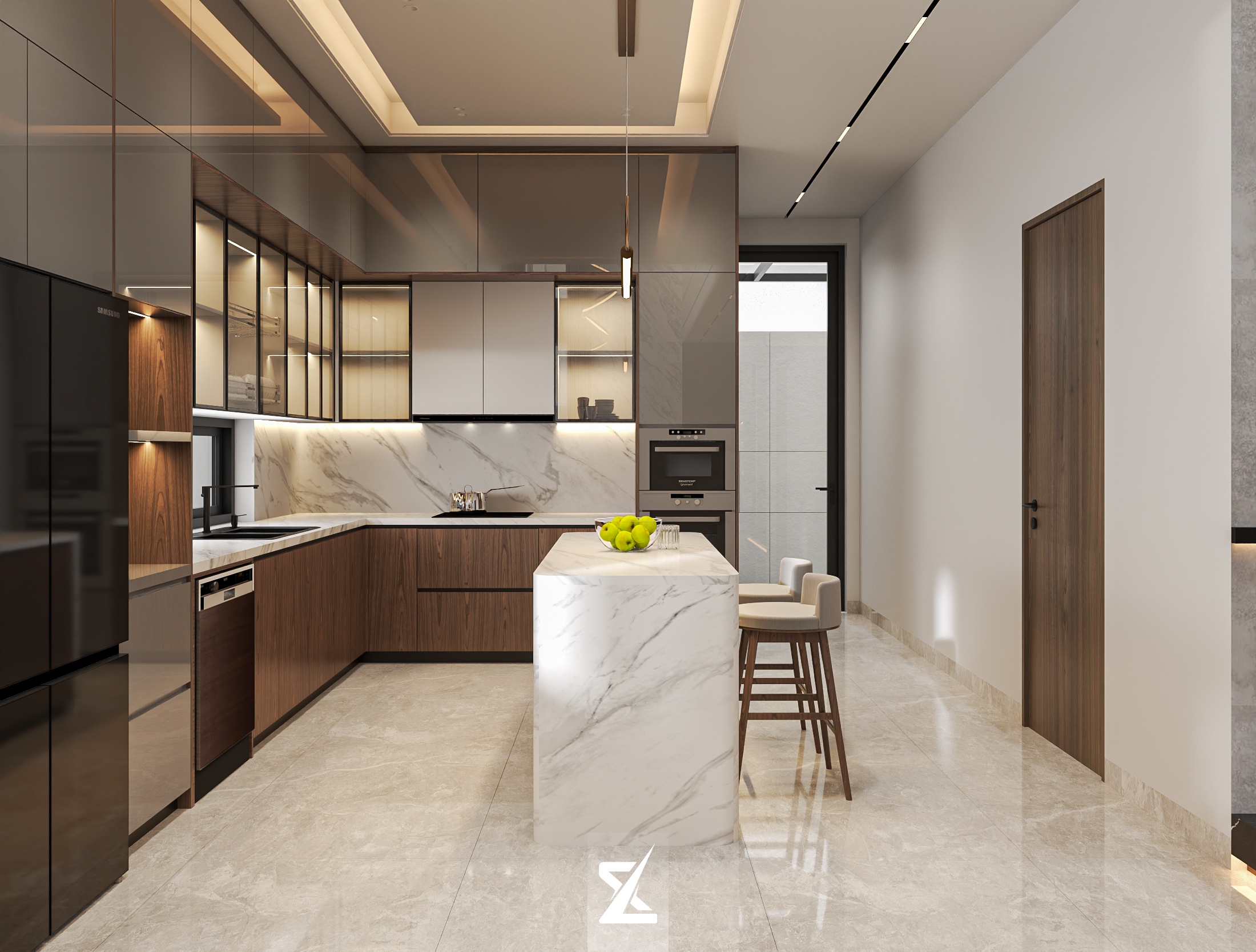 Khu bếp tiện nghi chuẩn phong cách Modern Luxury với bàn đảo ốp đá thạch anh và hệ tủ kịch trần