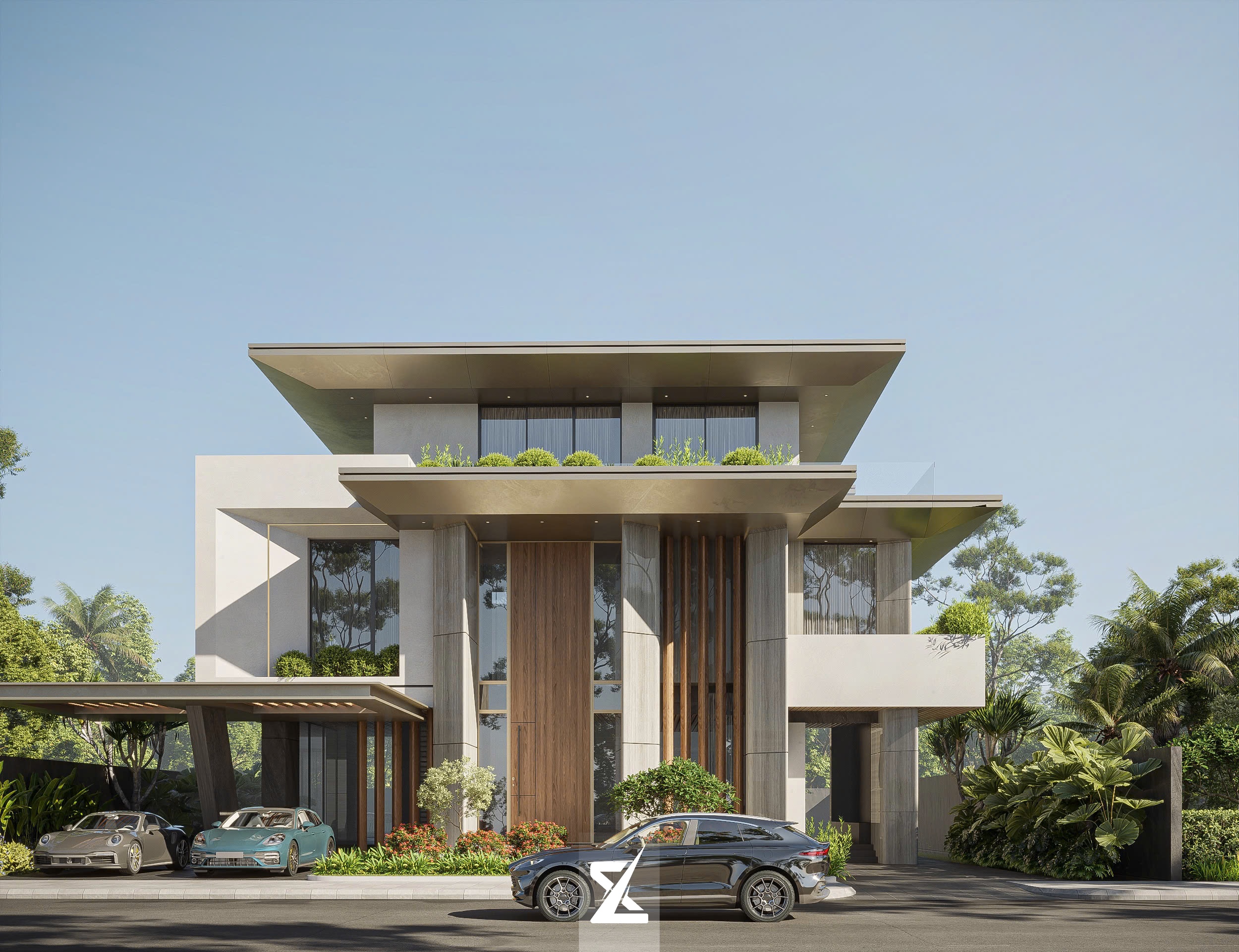 Phối cảnh chính diện The Oasis Villa với ngôn ngữ kiến trúc hiện đại sắc nét và hình khối đua vươn ấn tượng