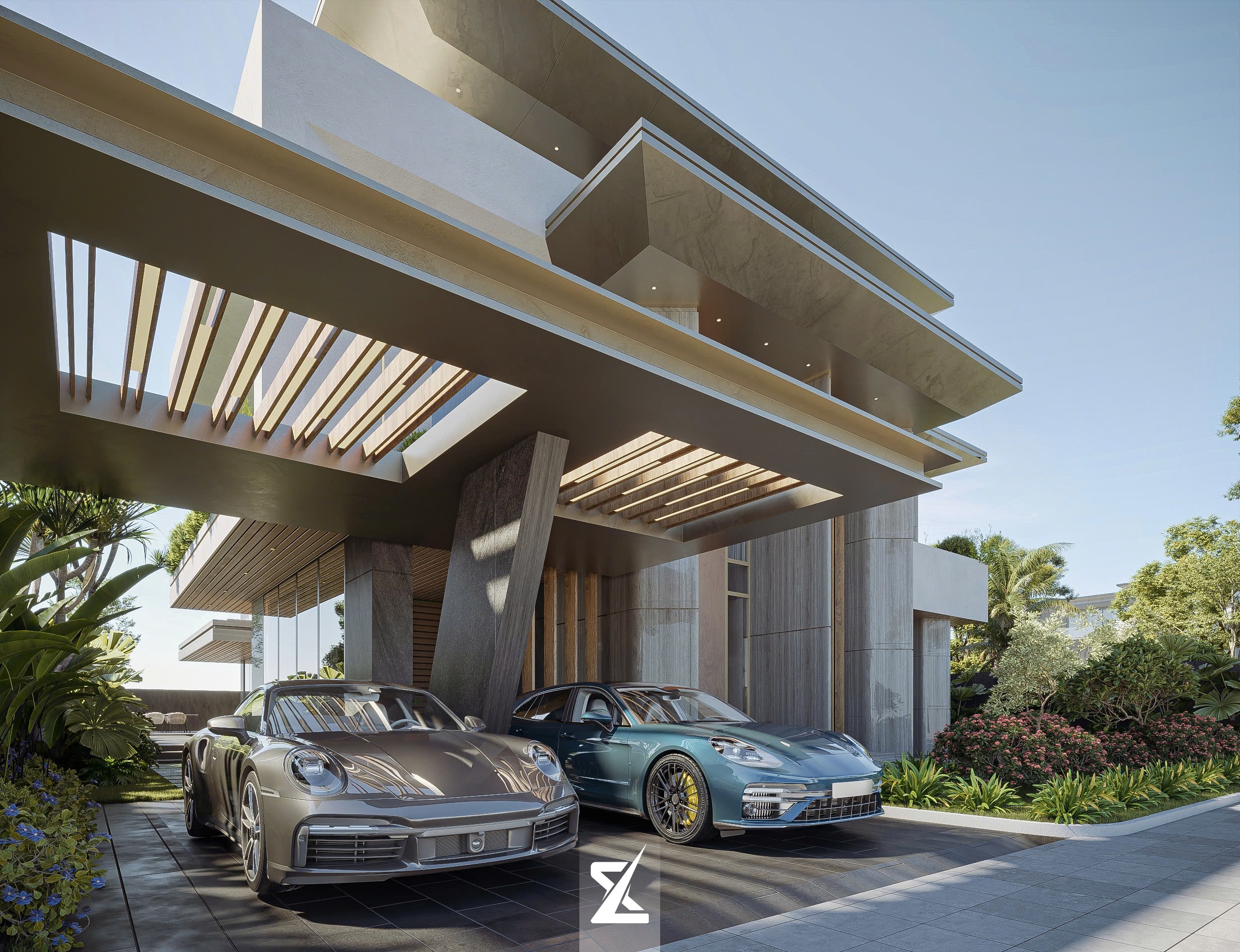 Khu vực gara đỗ xe sang trọng với kết cấu mái che cantilever vươn dài đầy tính kỹ thuật