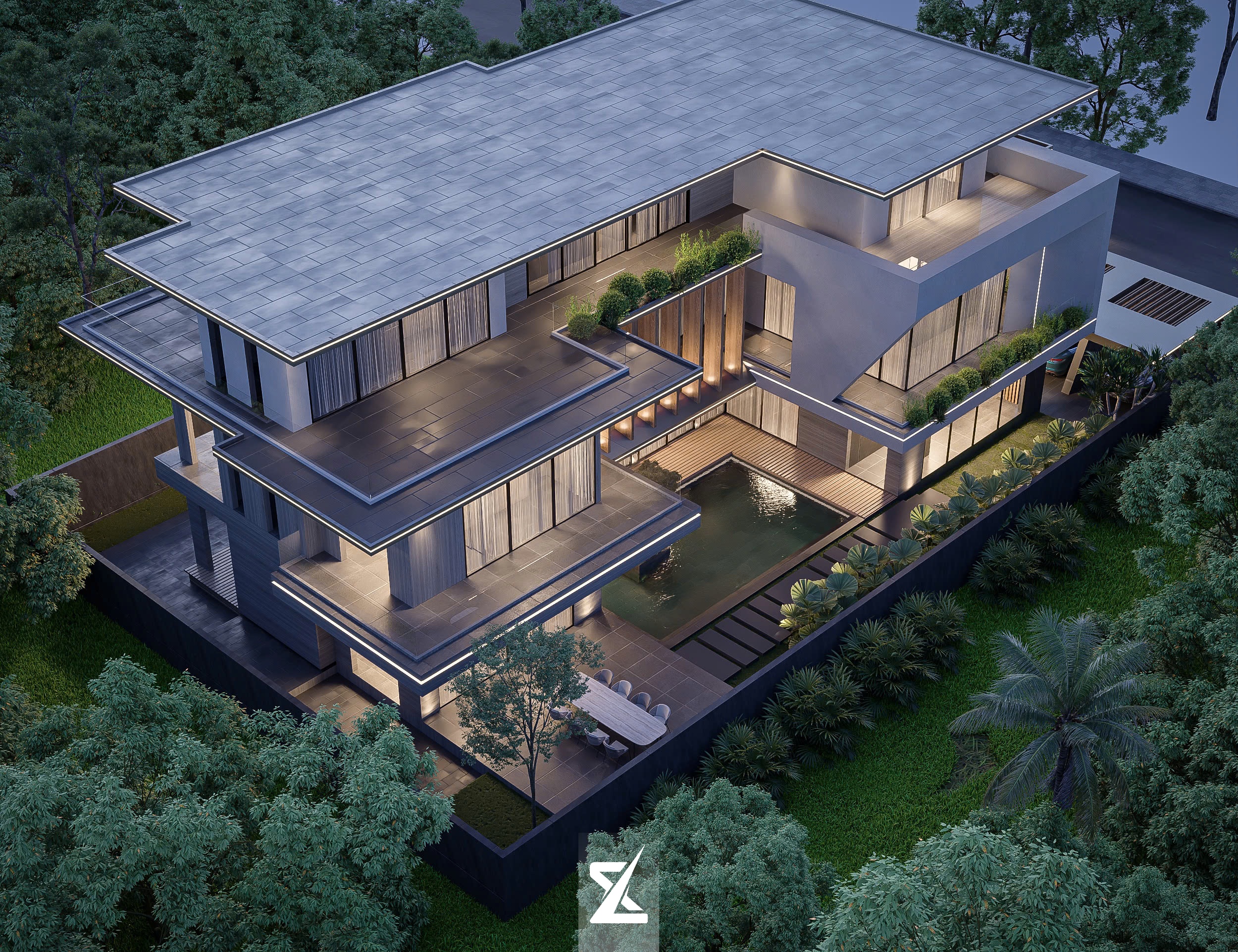 Phối cảnh tổng thể từ trên cao bao trọn khuôn viên 15x25m với quy hoạch sân vườn và hồ bơi cảnh quan đẳng cấp