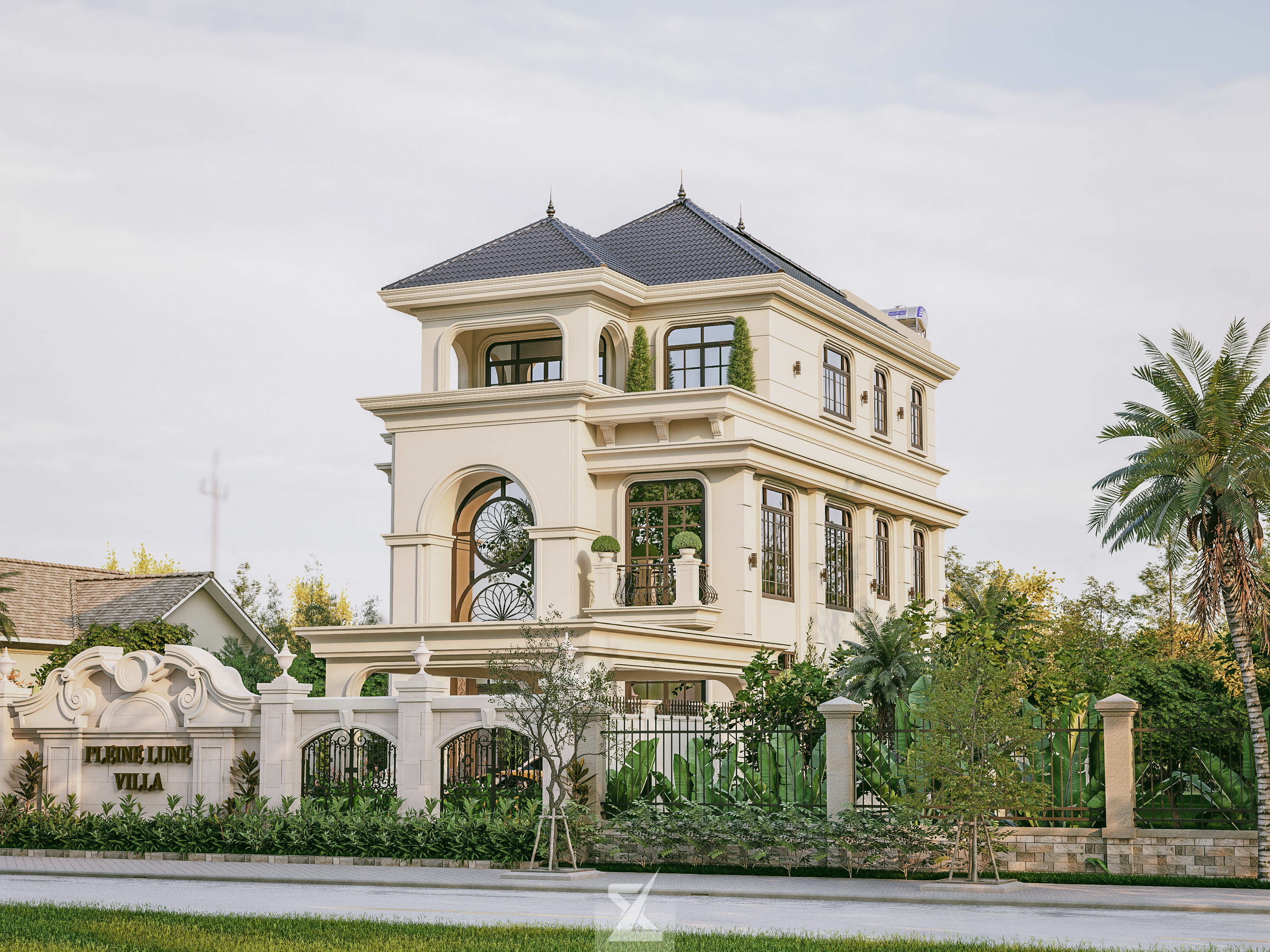 Phối cảnh chính diện bề thế của Pleine Lune Villa với ngôn ngữ kiến trúc Tân Cổ Điển tinh tế, sang trọng