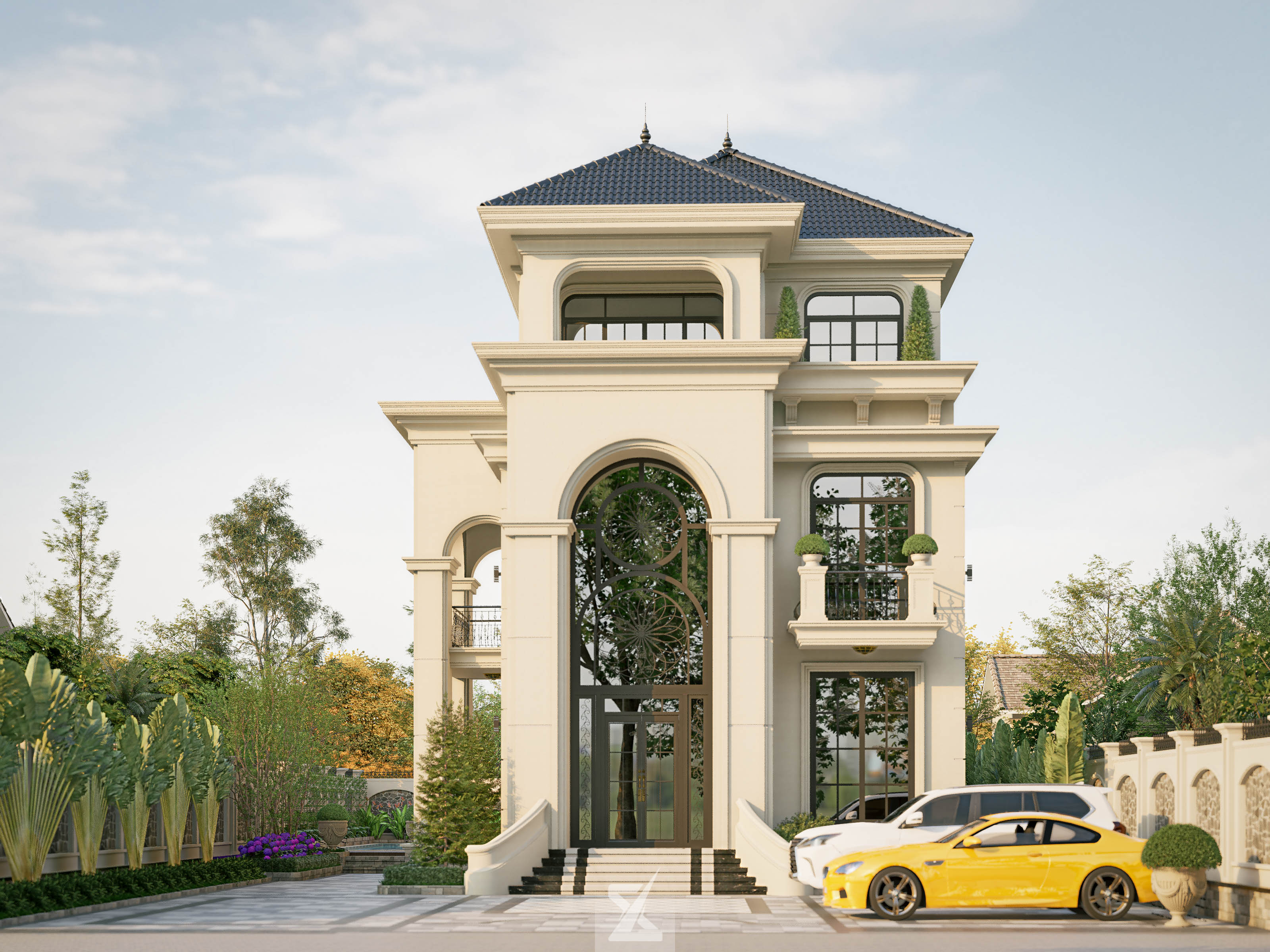 Đại sảnh thông tầng ấn tượng với khung cửa vòm kính hoa đồng cao vút kết hợp bậc tam cấp uốn lượn uy nghi