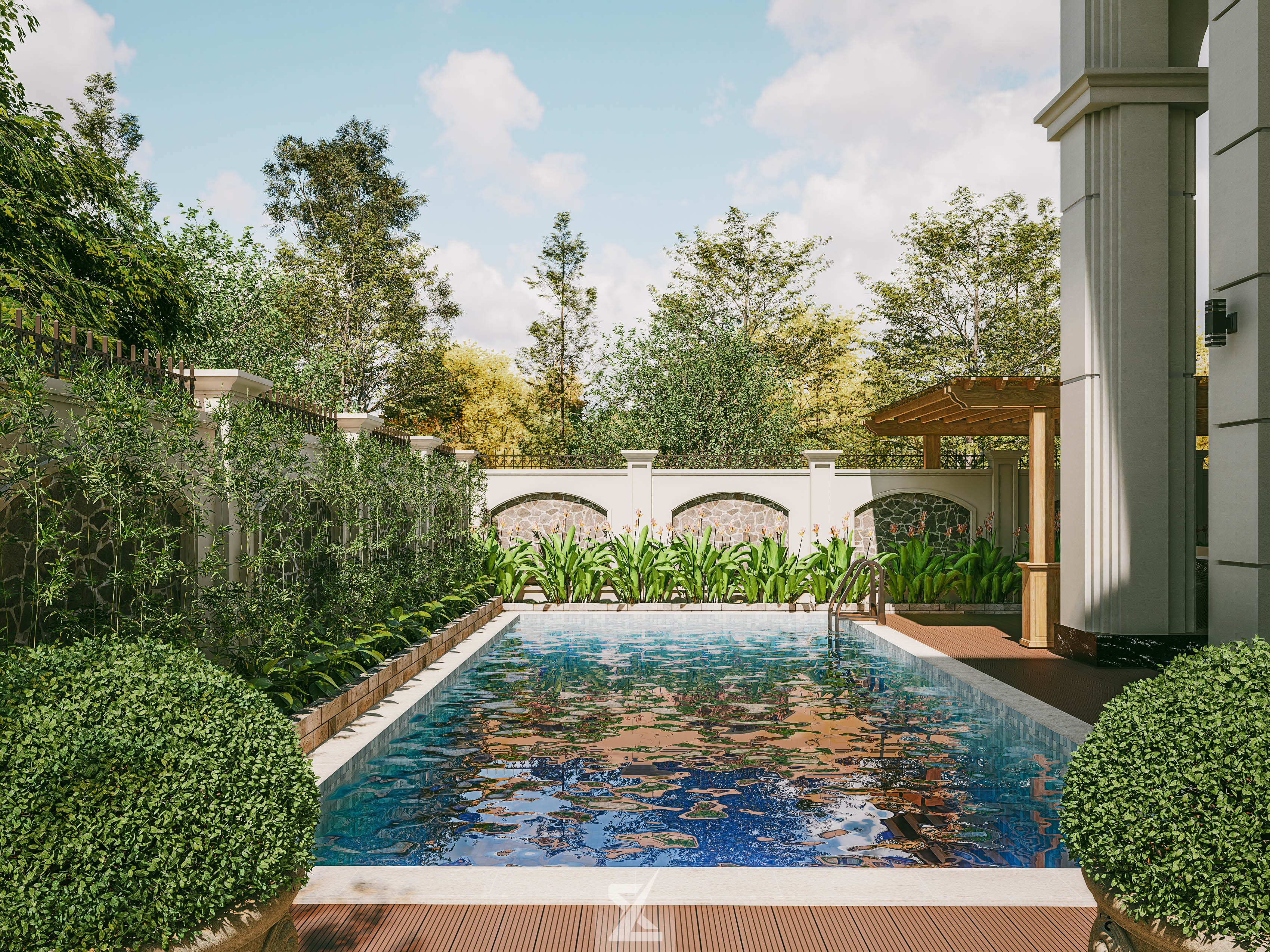 Hồ bơi xanh ngắt ôm dọc bên hông biệt thự, kết hợp sàn decking và chòi nghỉ pergola thư giãn