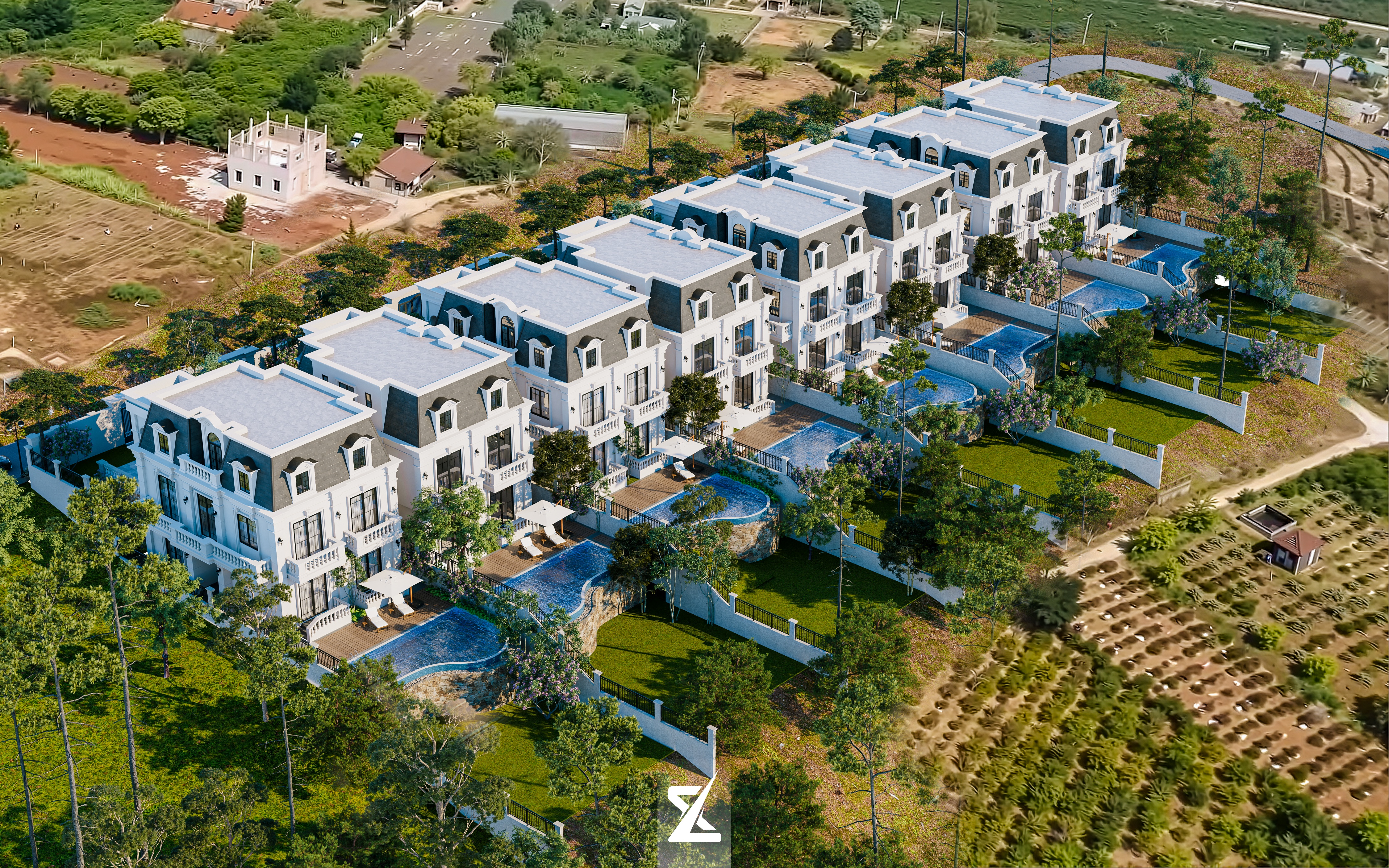Quy hoạch tổng thể quần thể biệt thự nghỉ dưỡng đồi 9.000m² với chuỗi dinh thự Mansard và hồ bơi vô cực view thung lũng