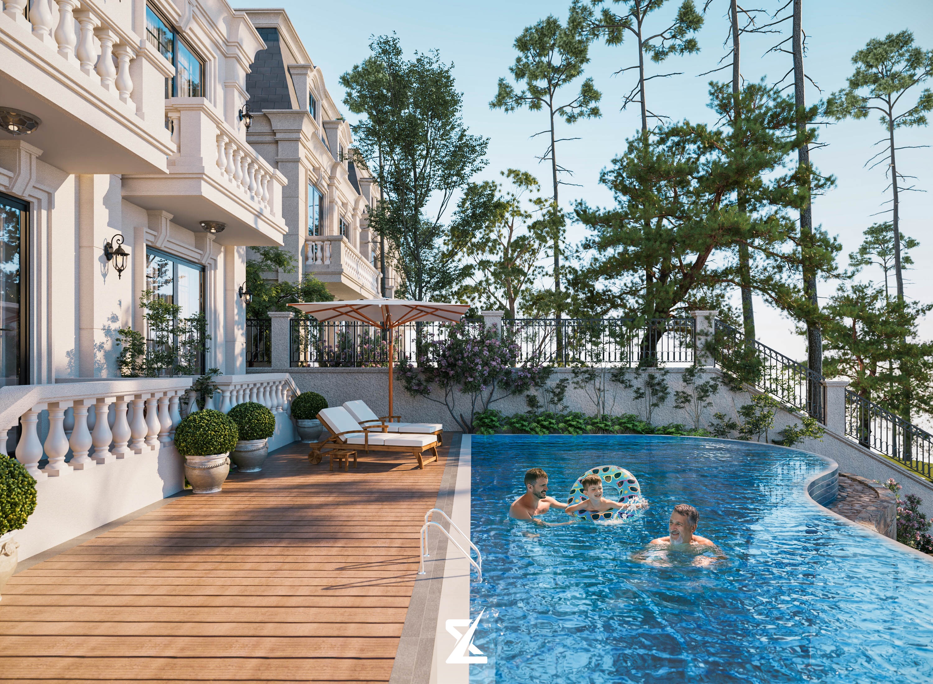 Không gian thư giãn ngập tràn ánh nắng bên hồ bơi vô cực và thềm gỗ decking cao cấp