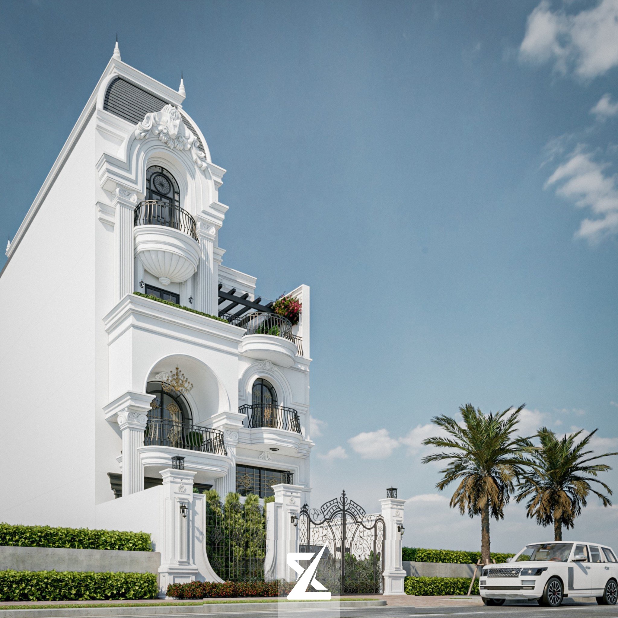 Phối cảnh góc nghiêng bề thế của Opal Haven Villa với kiến trúc Tân Cổ Điển Pháp sang trọng