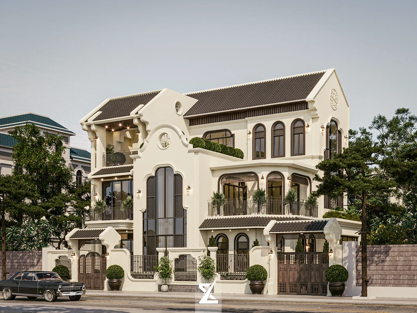 Phối cảnh tổng thể biệt thự Ngọc Lan Phong Vị với phong cách Indochine Đông Dương sang trọng, quý phái