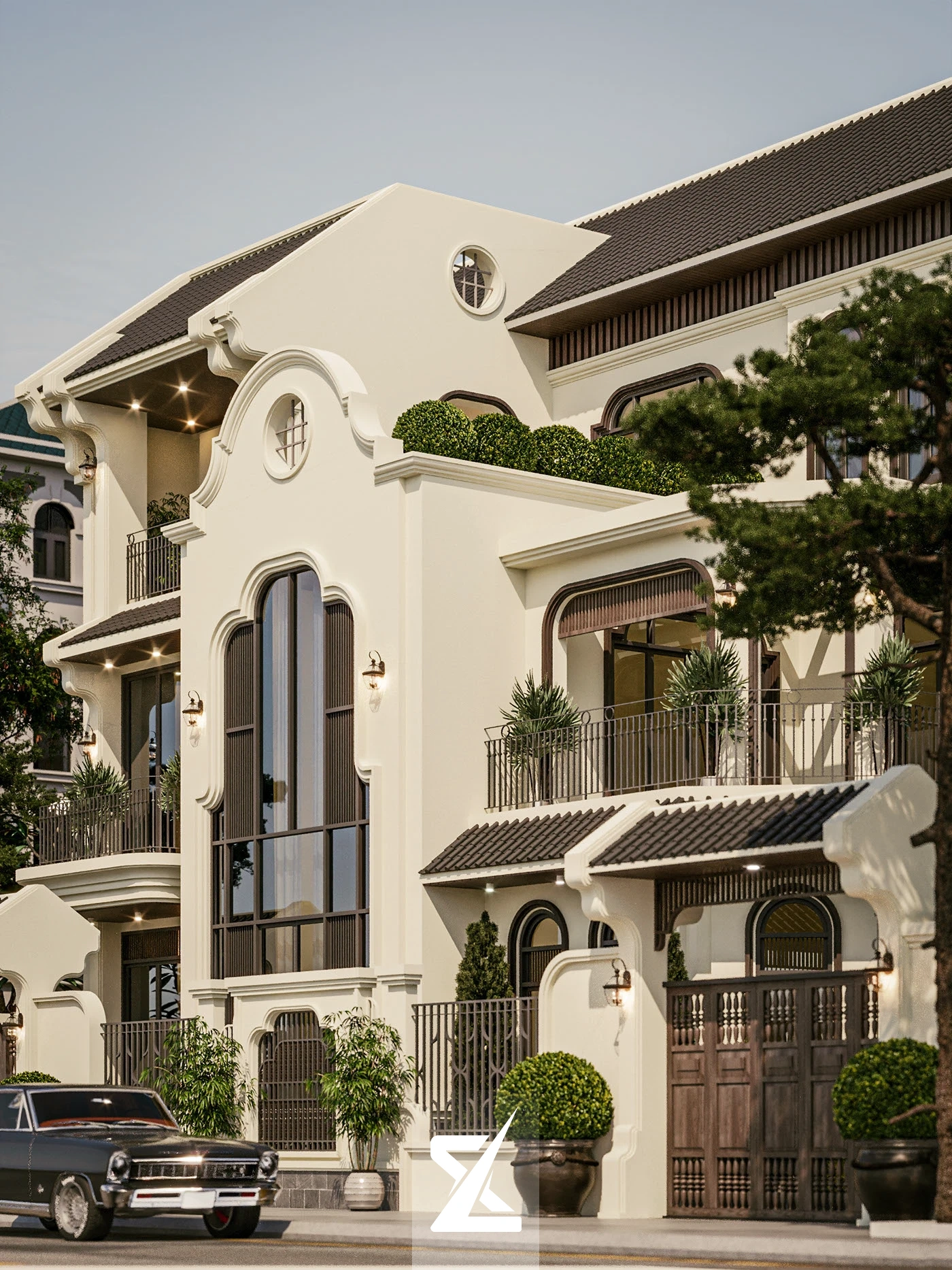 Chi tiết các đường nét vòm cuốn Indochine, ban công lan can sắt uốn và mảng tường sơn hiệu ứng ấm áp